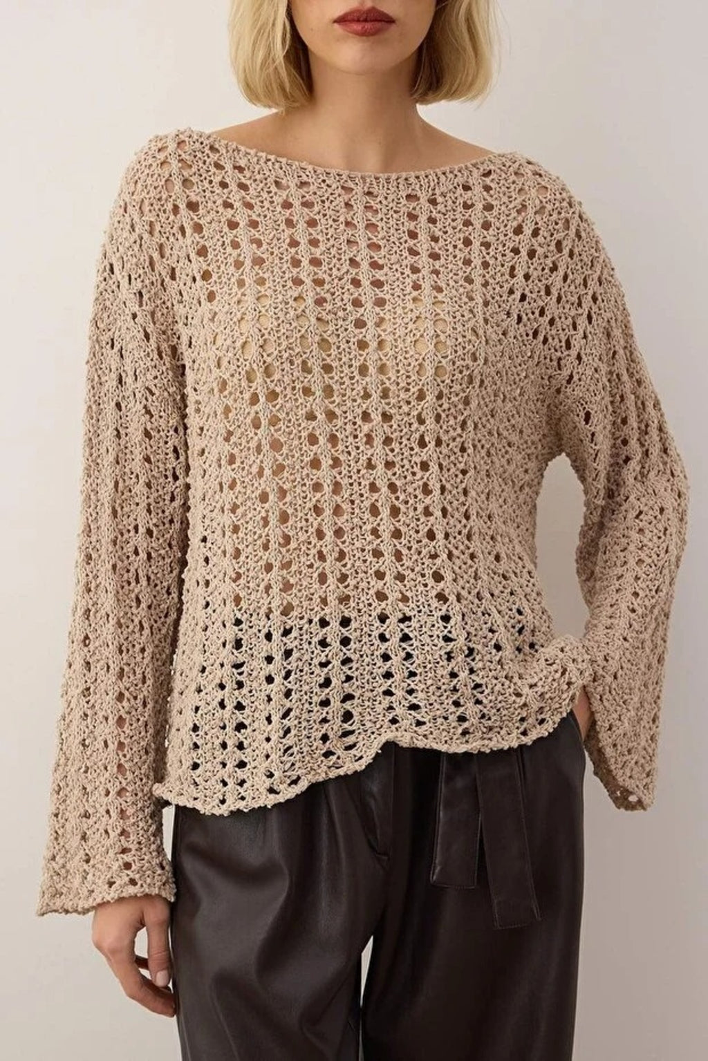 Openwork Boat Neck Knit Sweater