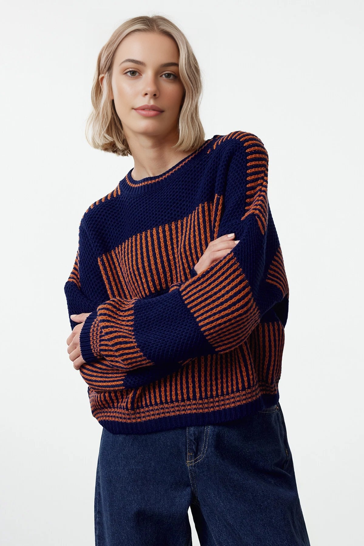 Wide Cut Striped Knit Sweater