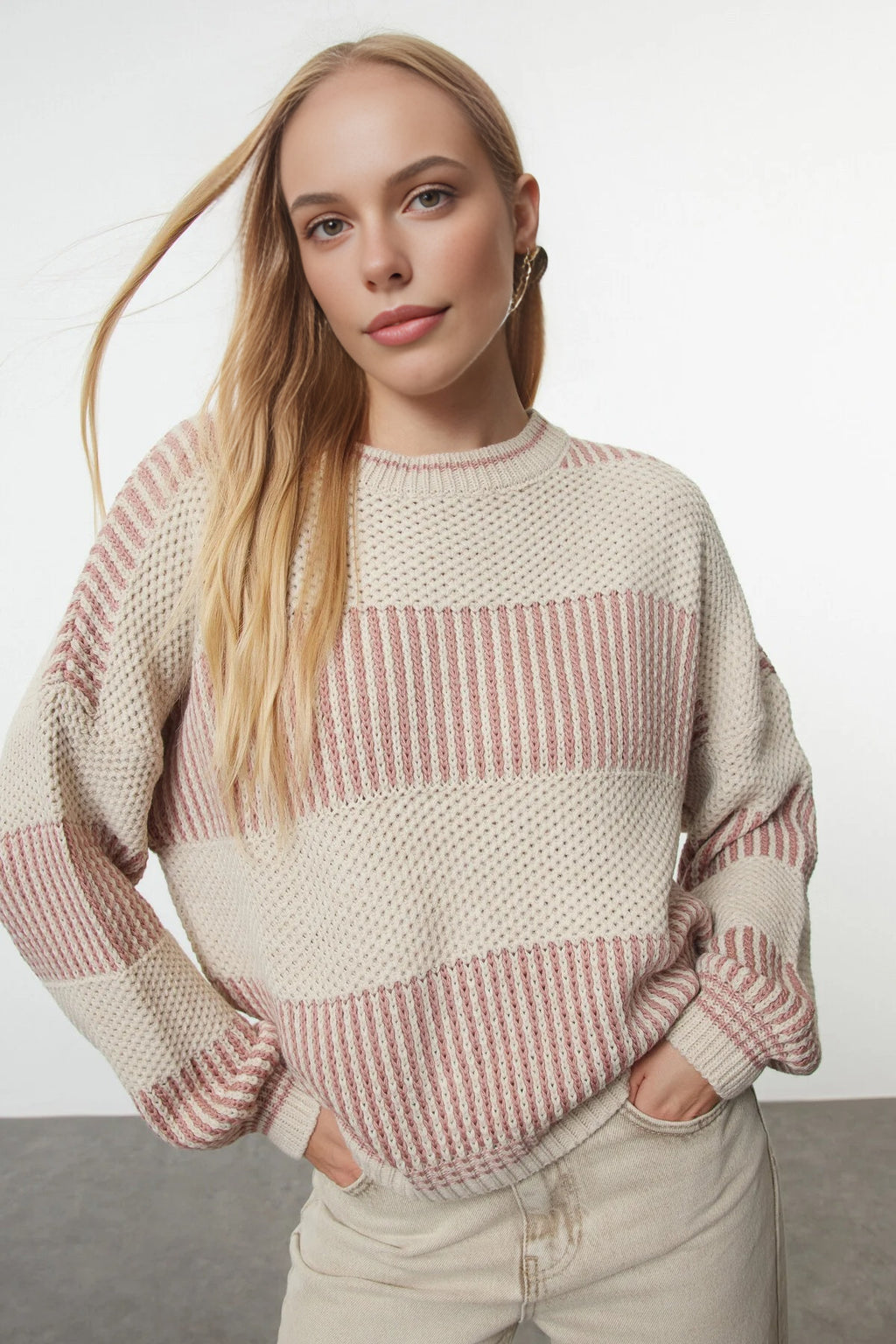 Wide Cut Striped Knit Sweater