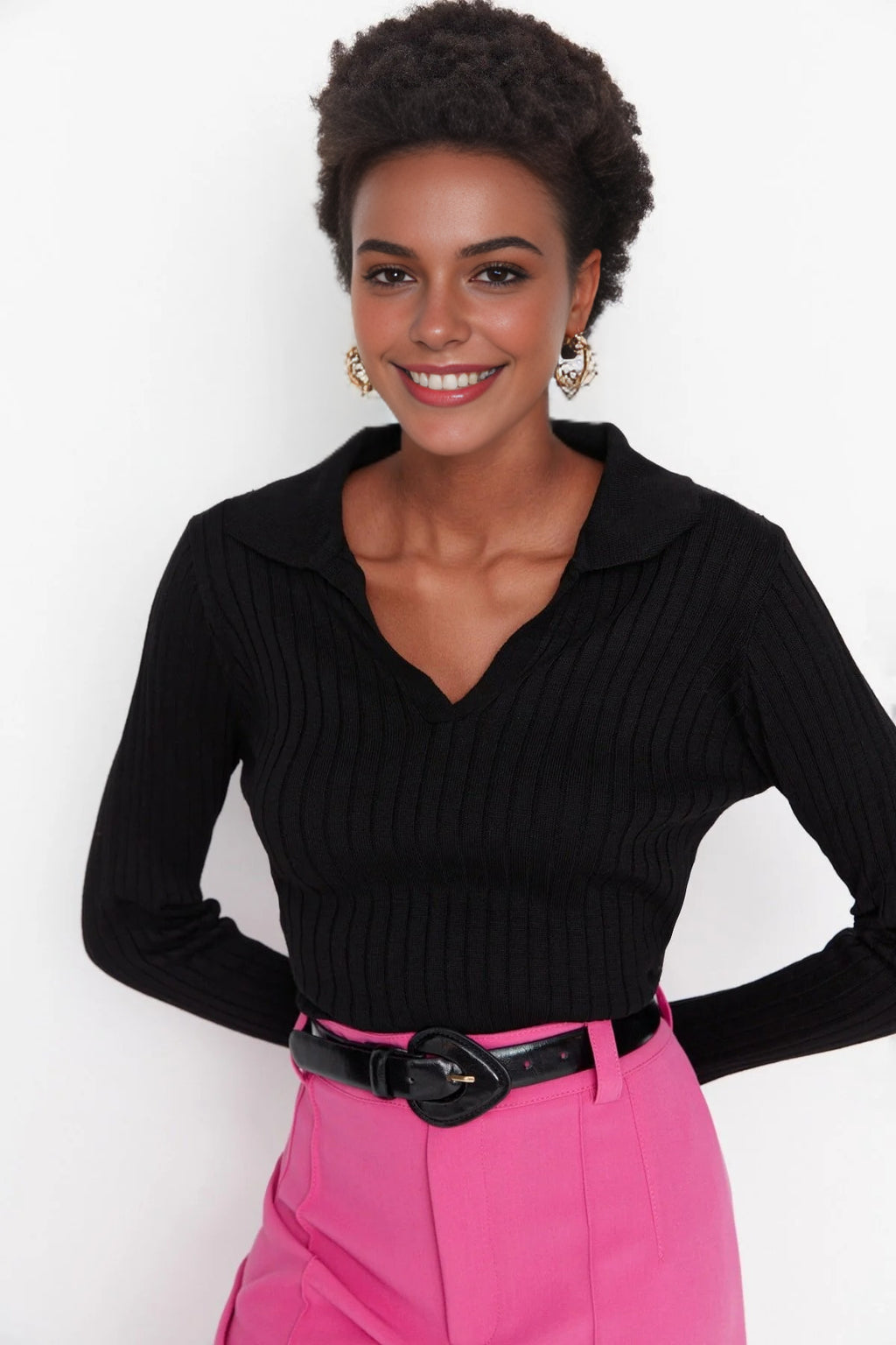 Polo Neck Knit Sweater with Finger Detail