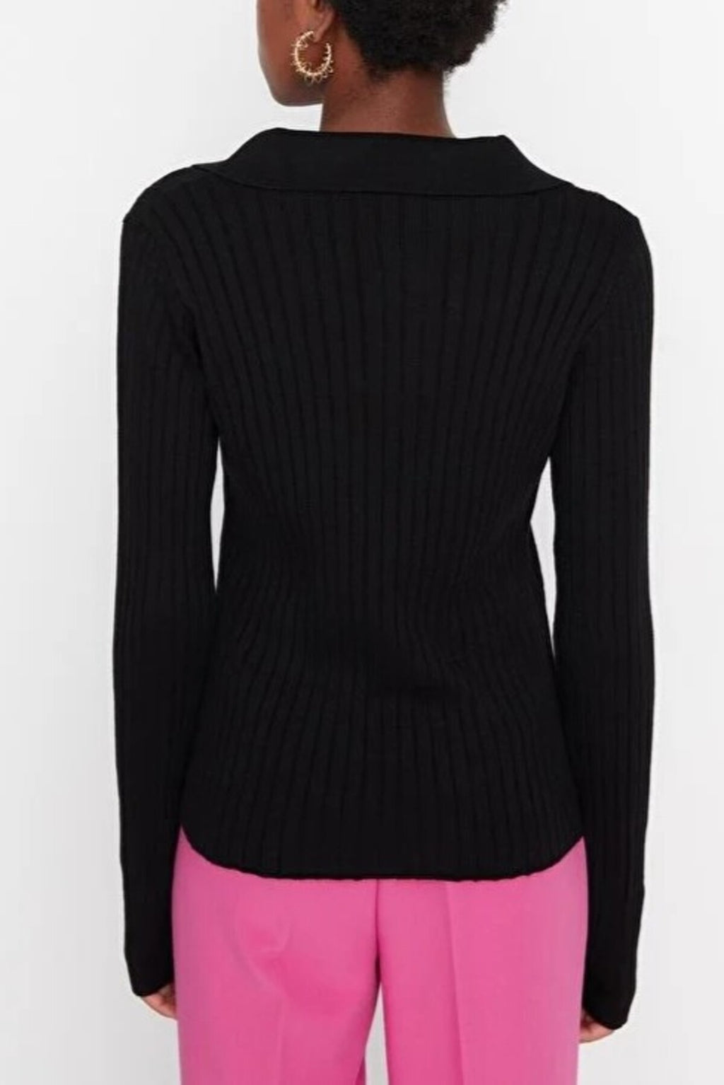 Polo Neck Knit Sweater with Finger Detail
