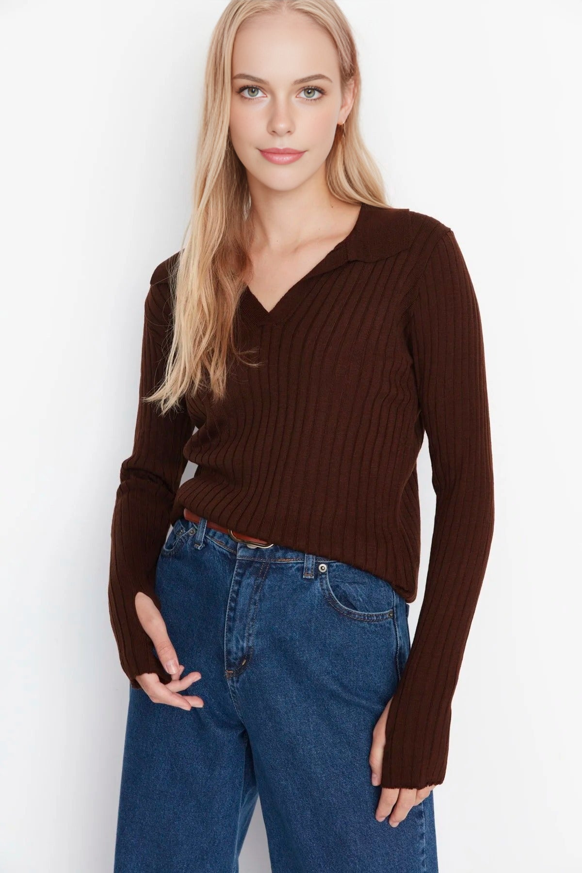 Polo Neck Knit Sweater with Finger Detail