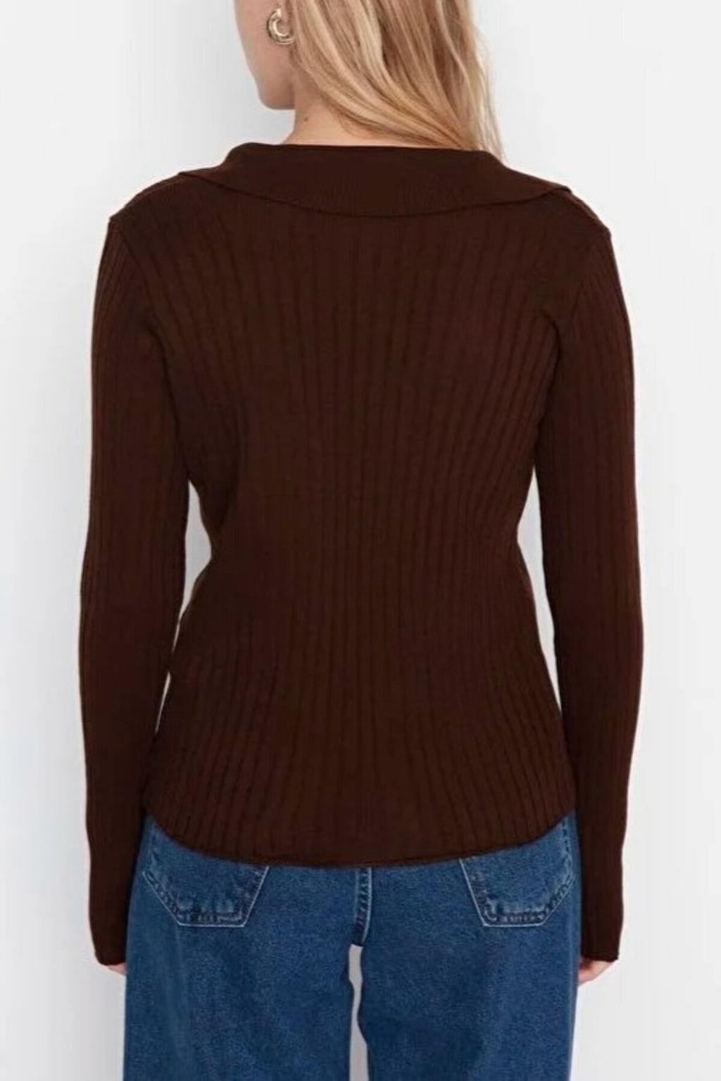 Polo Neck Knit Sweater with Finger Detail