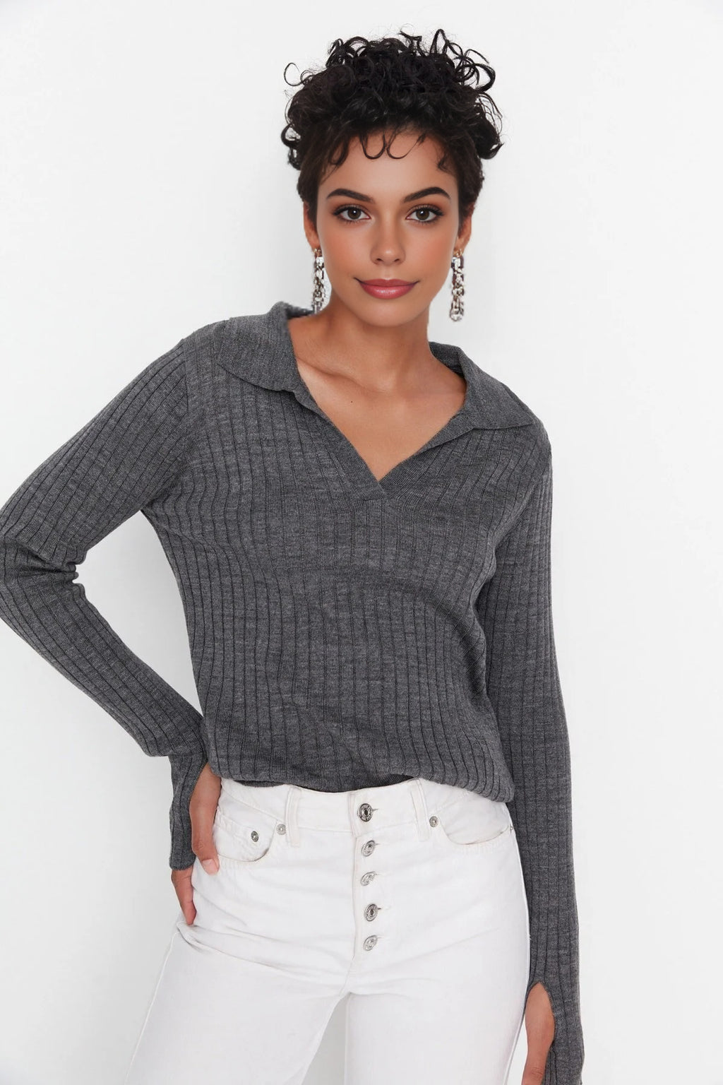 Polo Neck Knit Sweater with Finger Detail