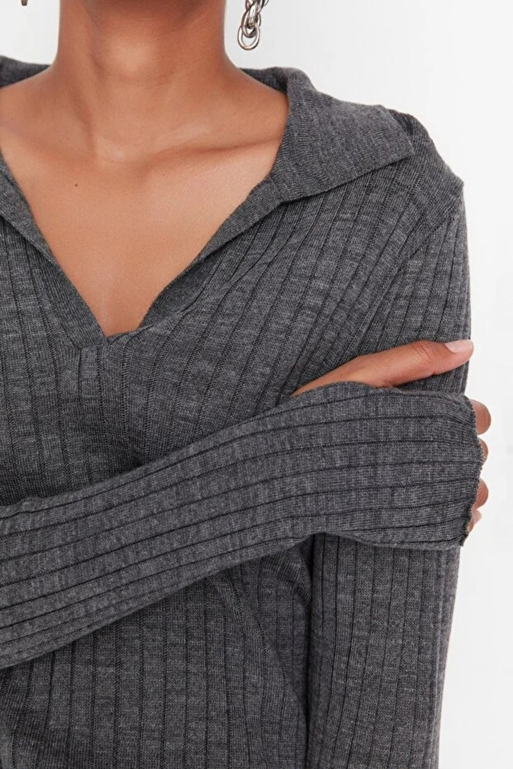 Polo Neck Knit Sweater with Finger Detail