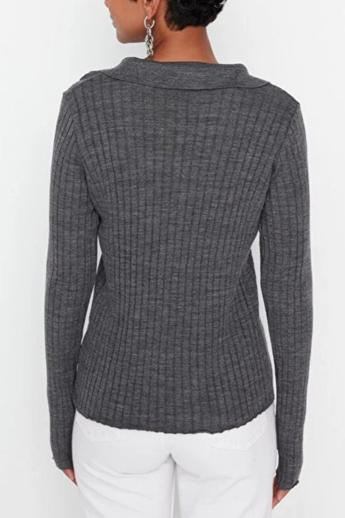 Polo Neck Knit Sweater with Finger Detail
