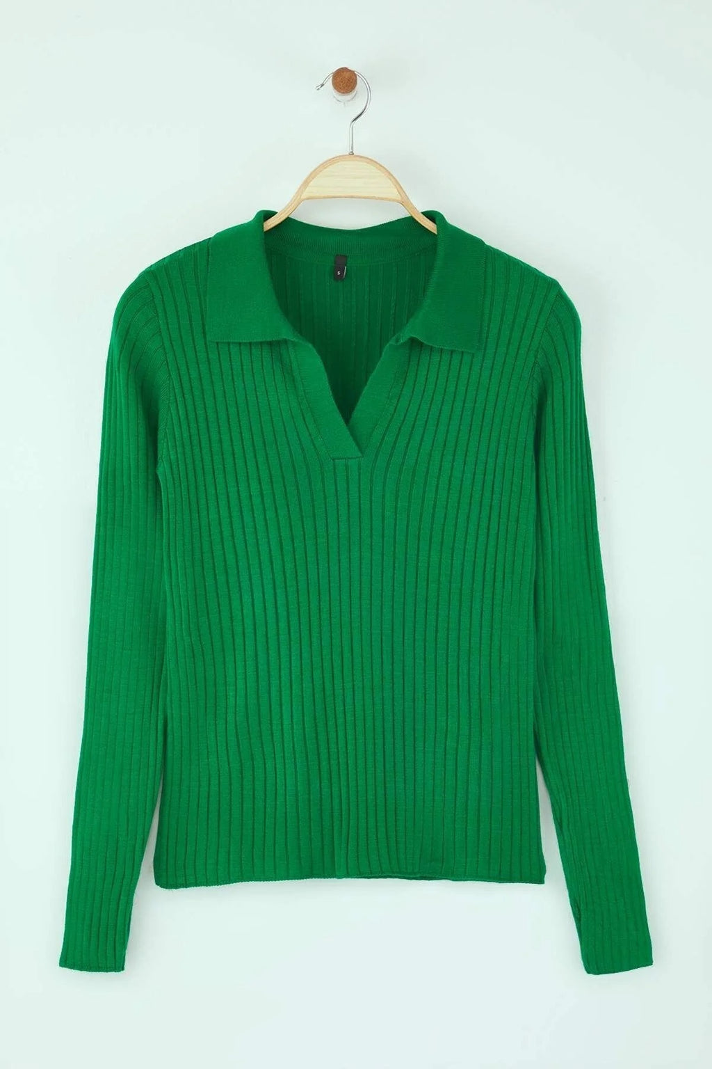 Polo Neck Knit Sweater with Finger Detail