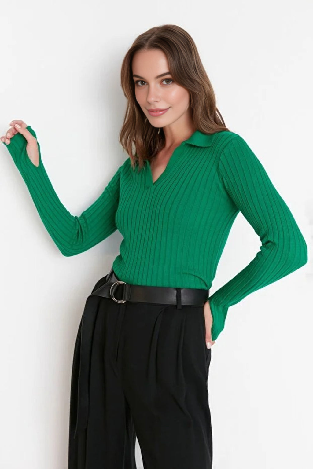 Polo Neck Knit Sweater with Finger Detail