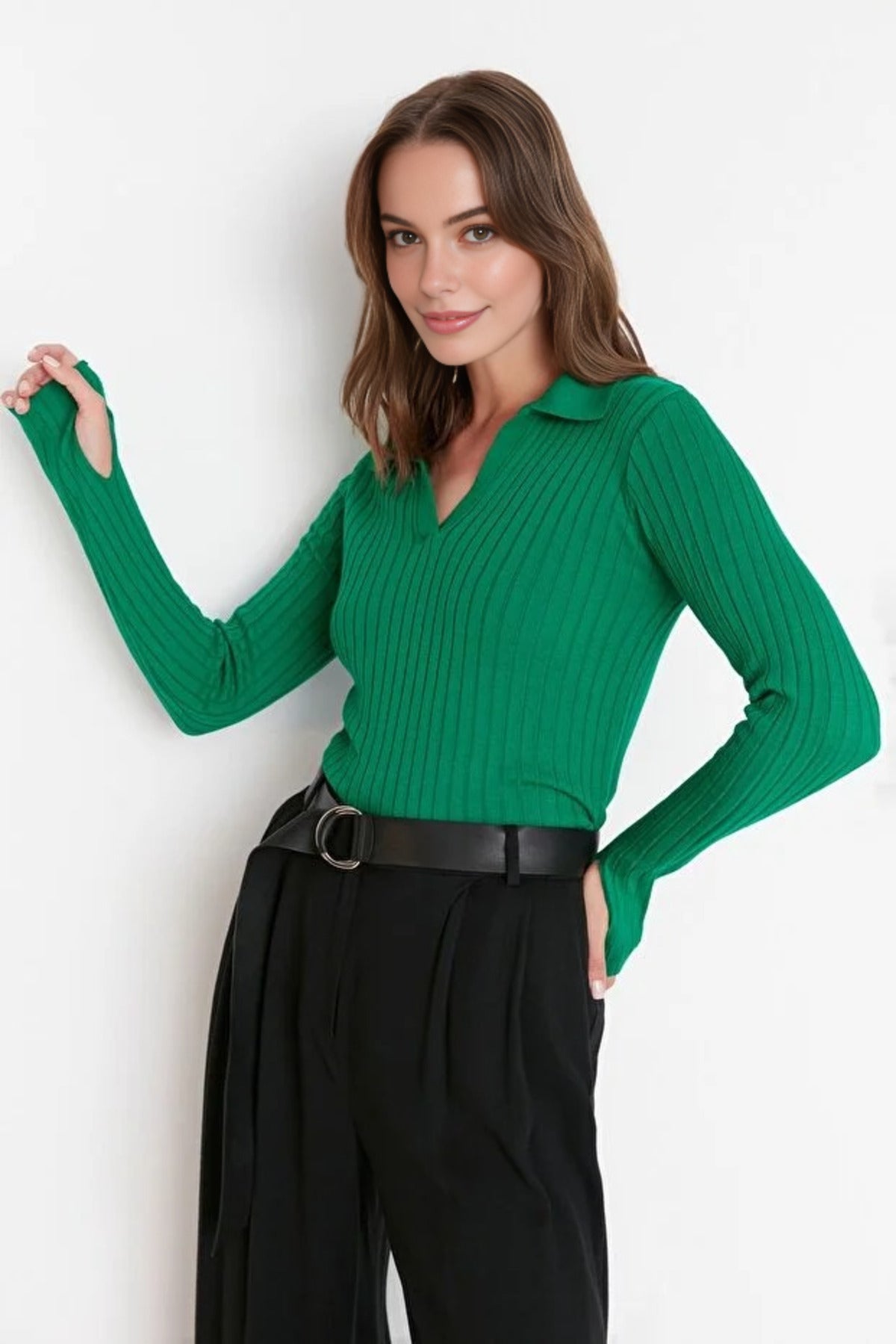 Polo Neck Knit Sweater with Finger Detail