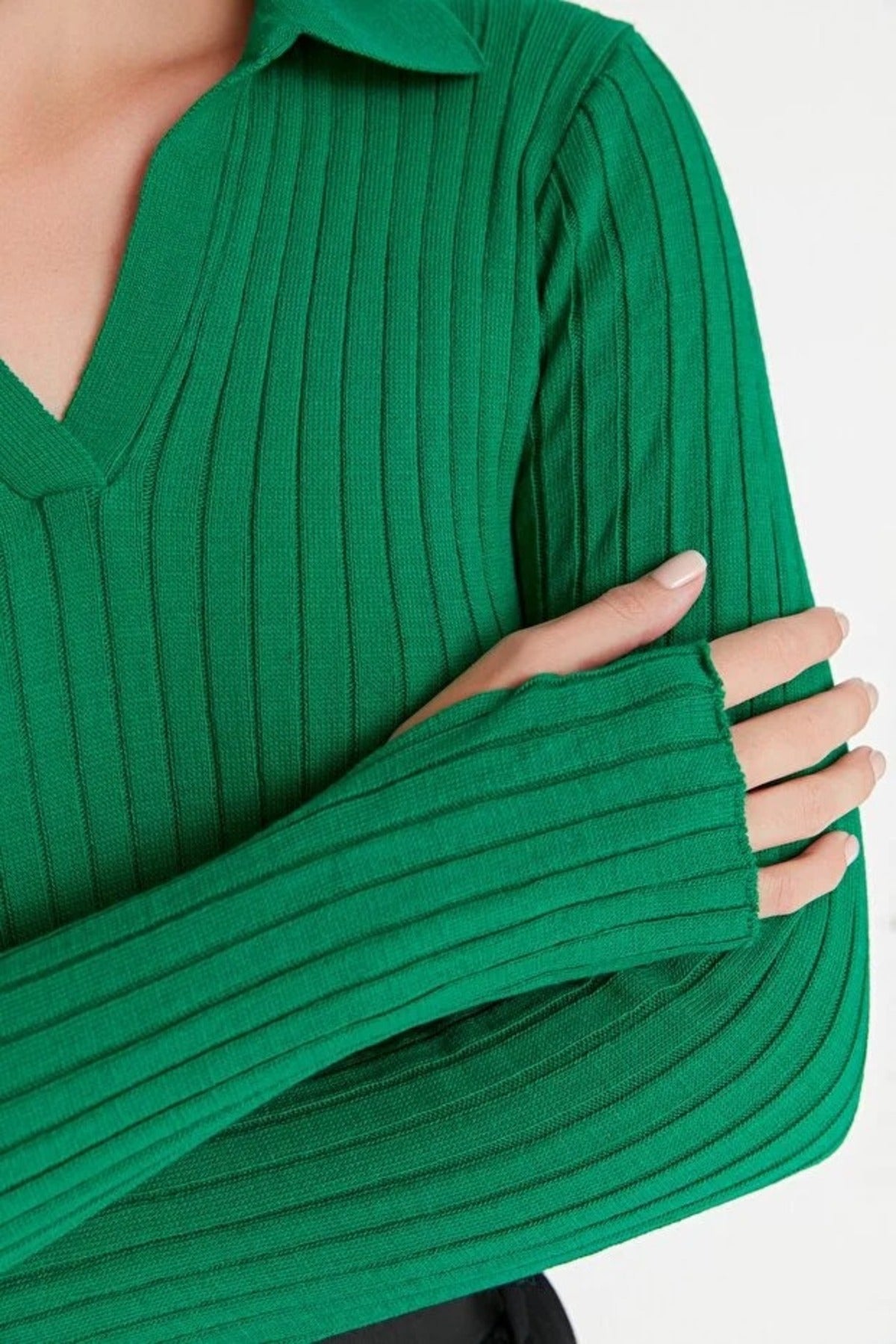 Polo Neck Knit Sweater with Finger Detail