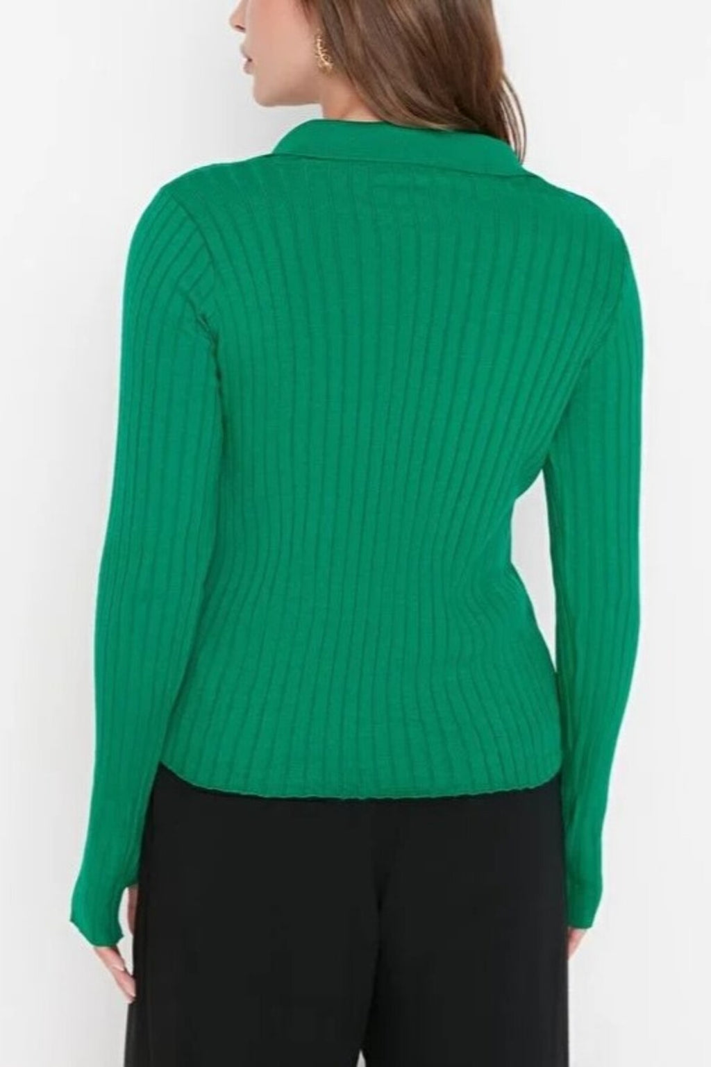 Polo Neck Knit Sweater with Finger Detail