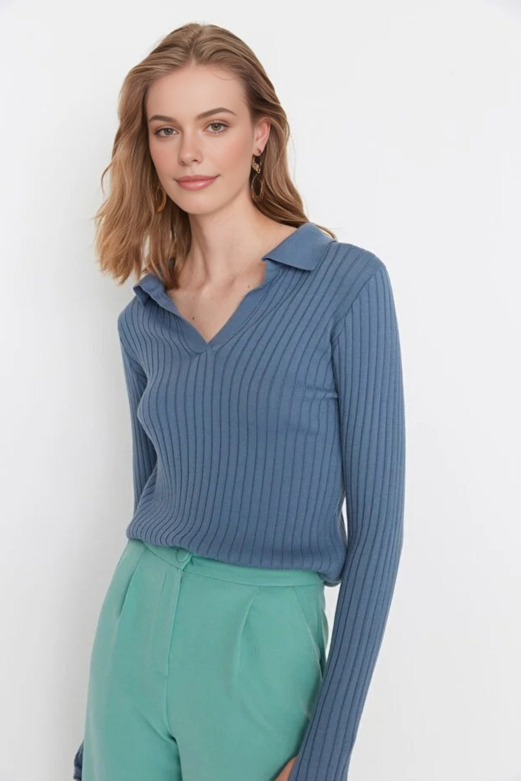 Polo Neck Knit Sweater with Finger Detail