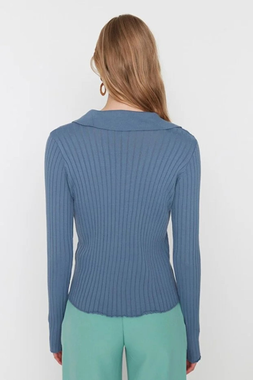 Polo Neck Knit Sweater with Finger Detail