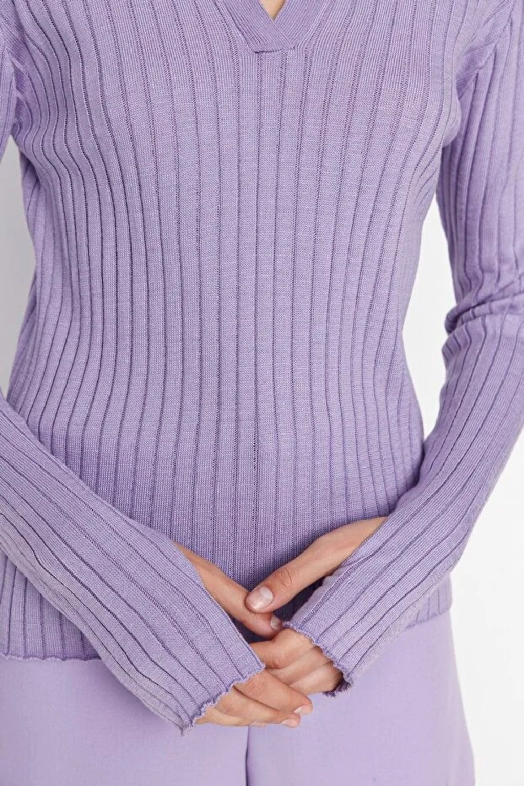 Polo Neck Knit Sweater with Finger Detail