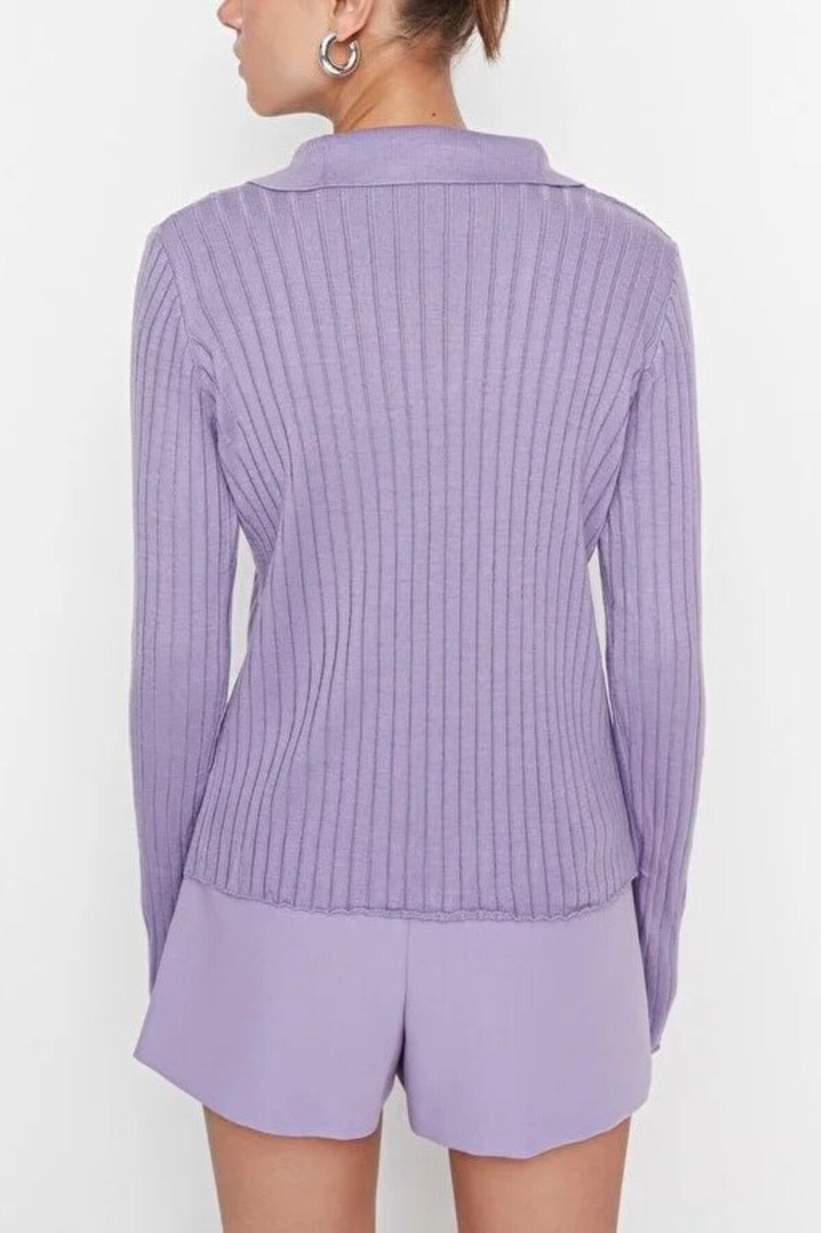 Polo Neck Knit Sweater with Finger Detail