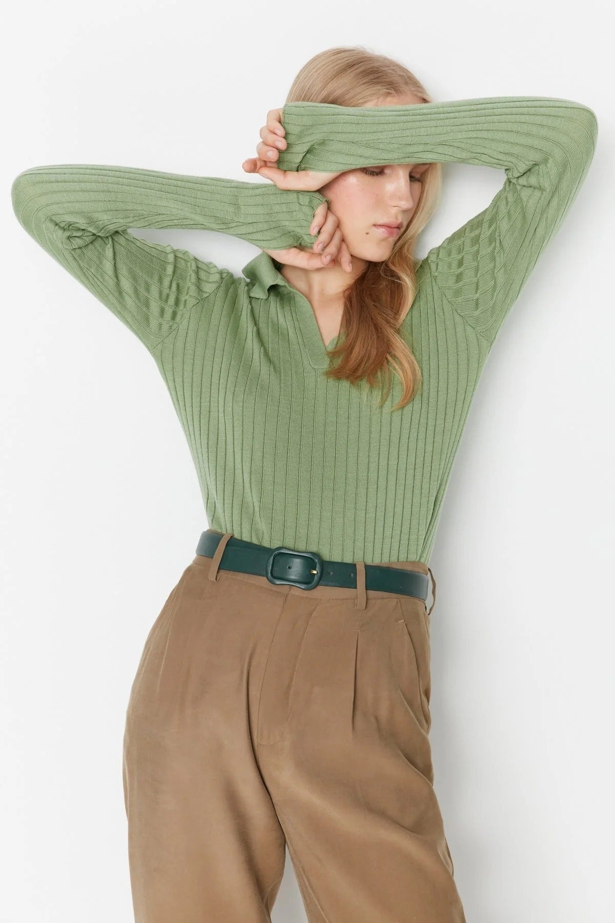 Polo Neck Knit Sweater with Finger Detail