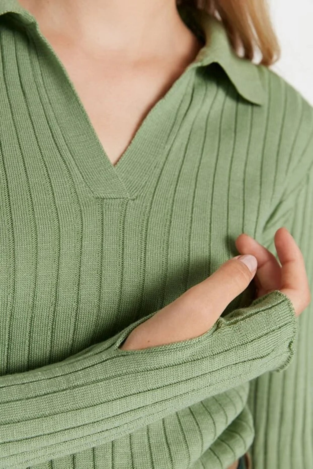 Polo Neck Knit Sweater with Finger Detail