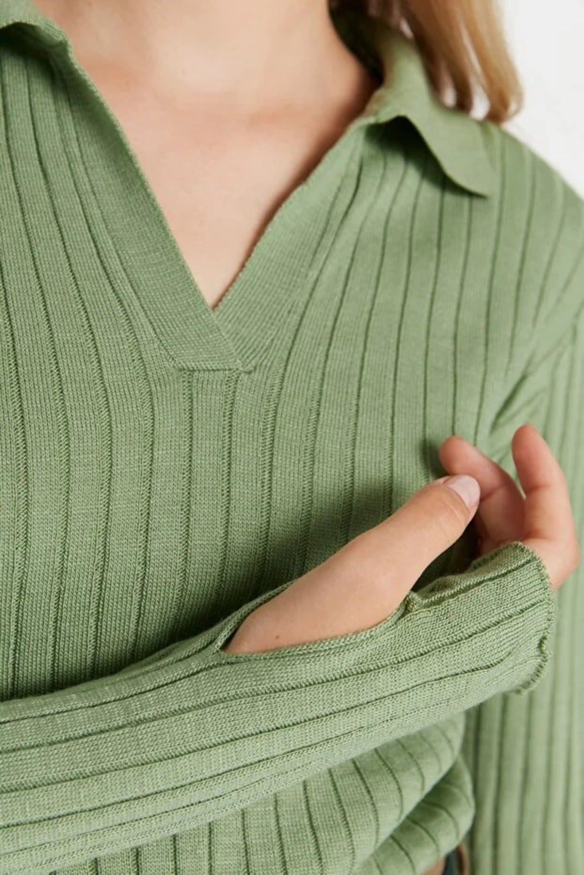 Polo Neck Knit Sweater with Finger Detail