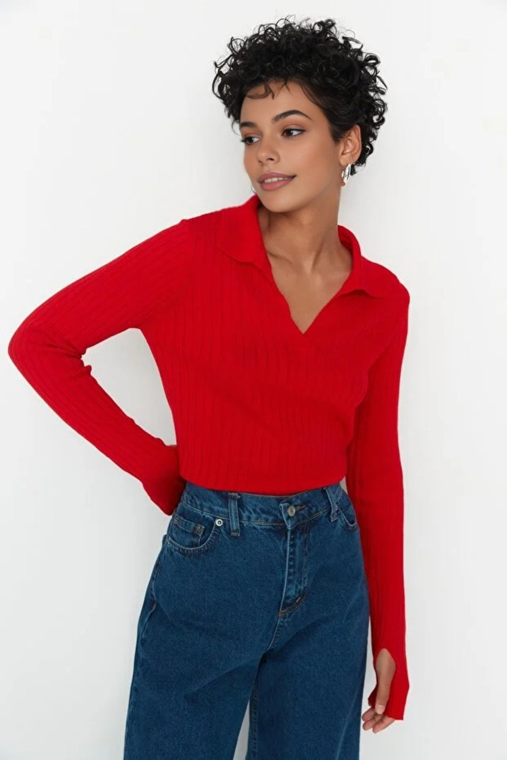 Polo Neck Knit Sweater with Finger Detail