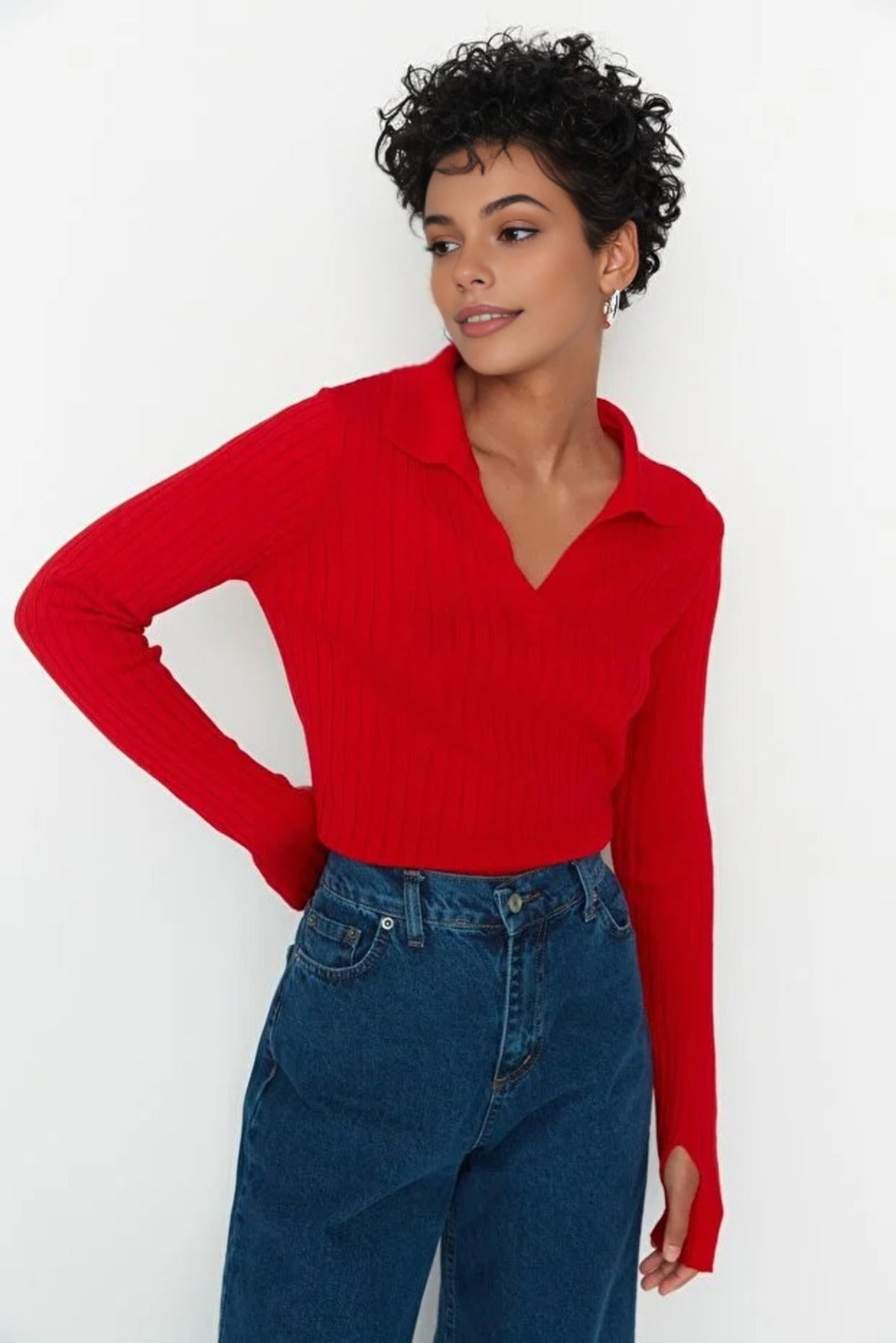 Polo Neck Knit Sweater with Finger Detail