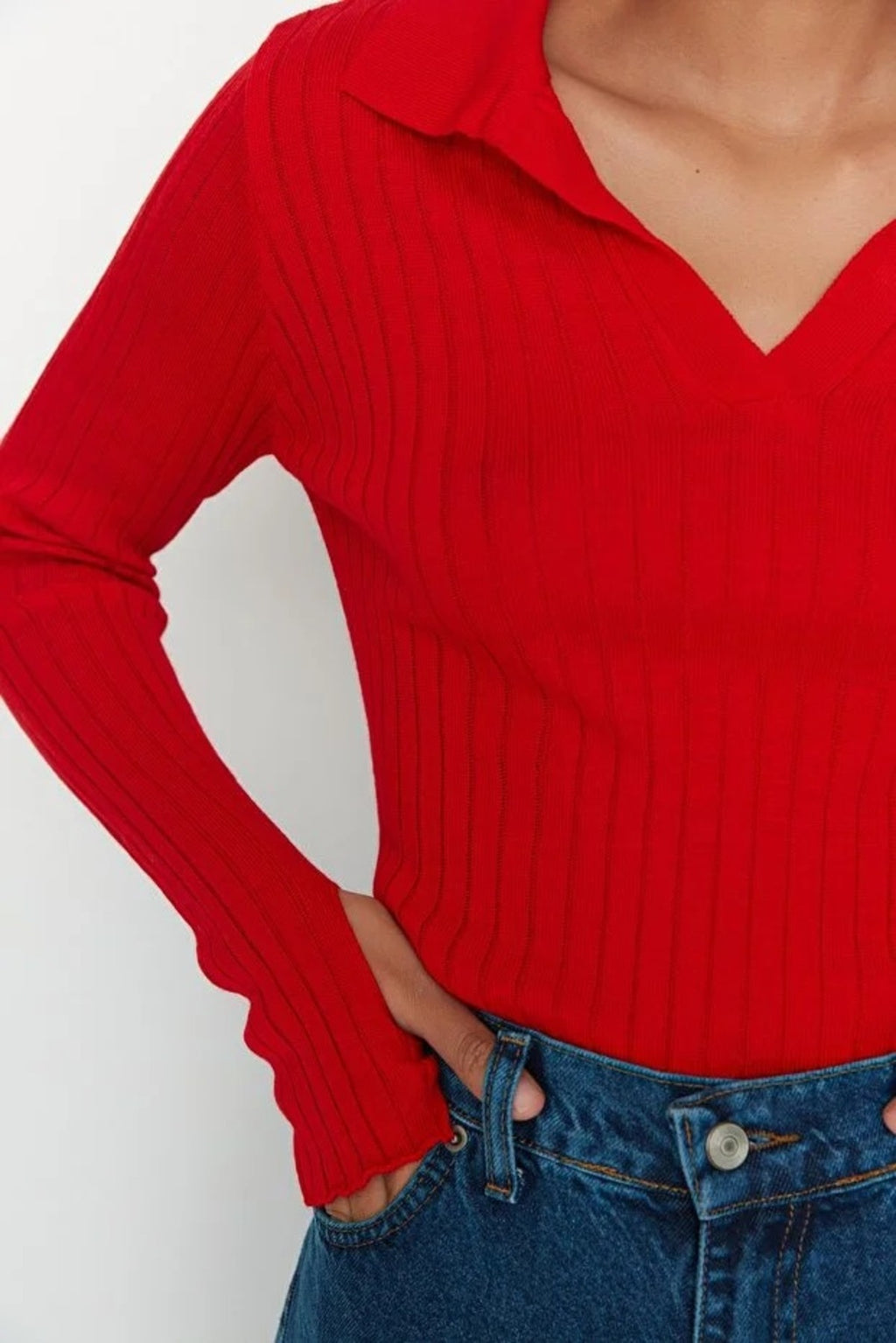 Polo Neck Knit Sweater with Finger Detail