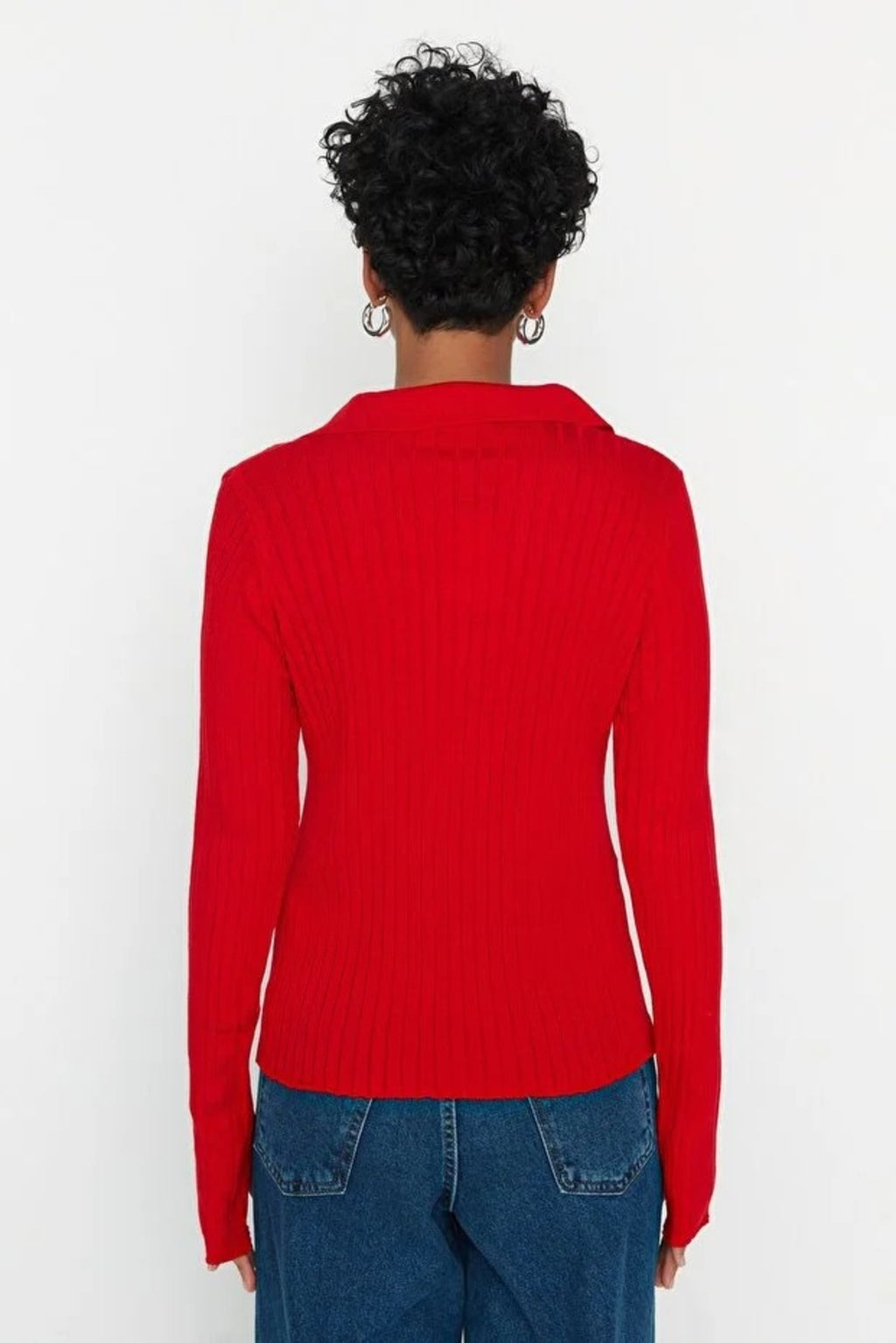 Polo Neck Knit Sweater with Finger Detail