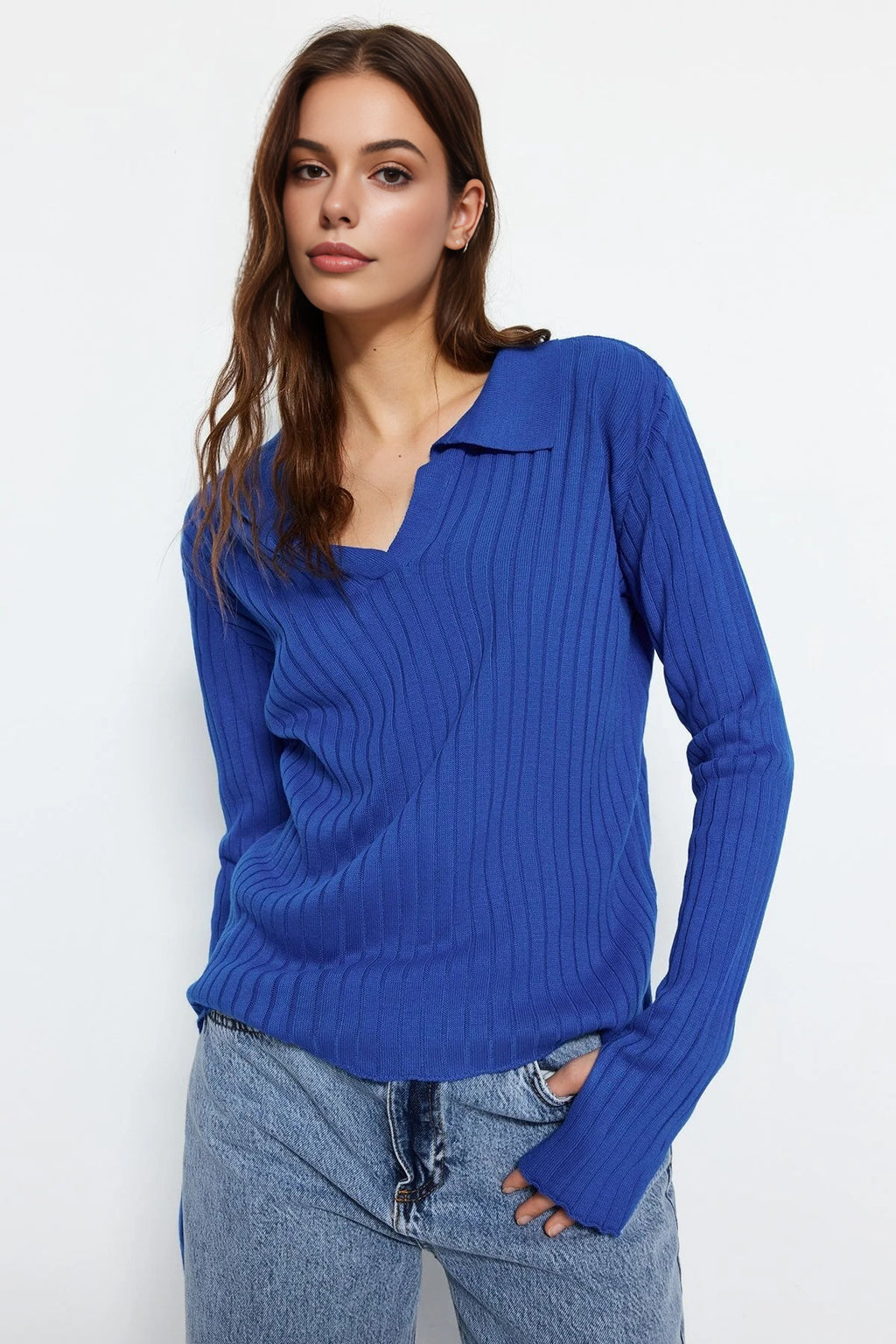 Polo Neck Knit Sweater with Finger Detail