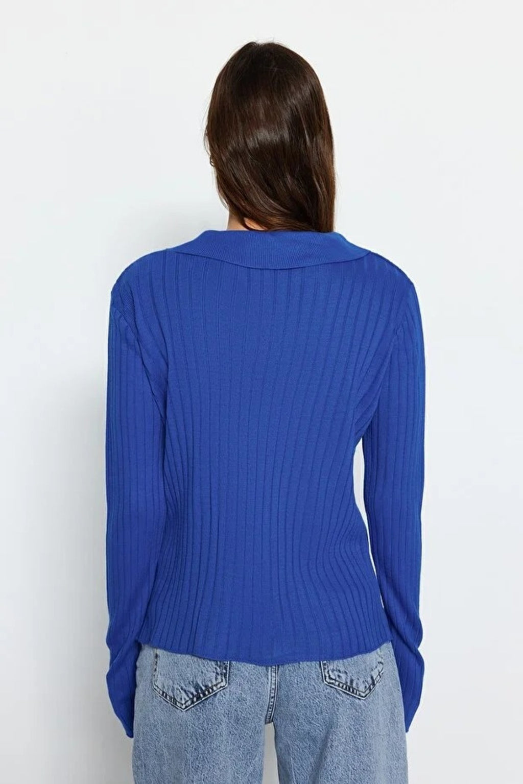 Polo Neck Knit Sweater with Finger Detail