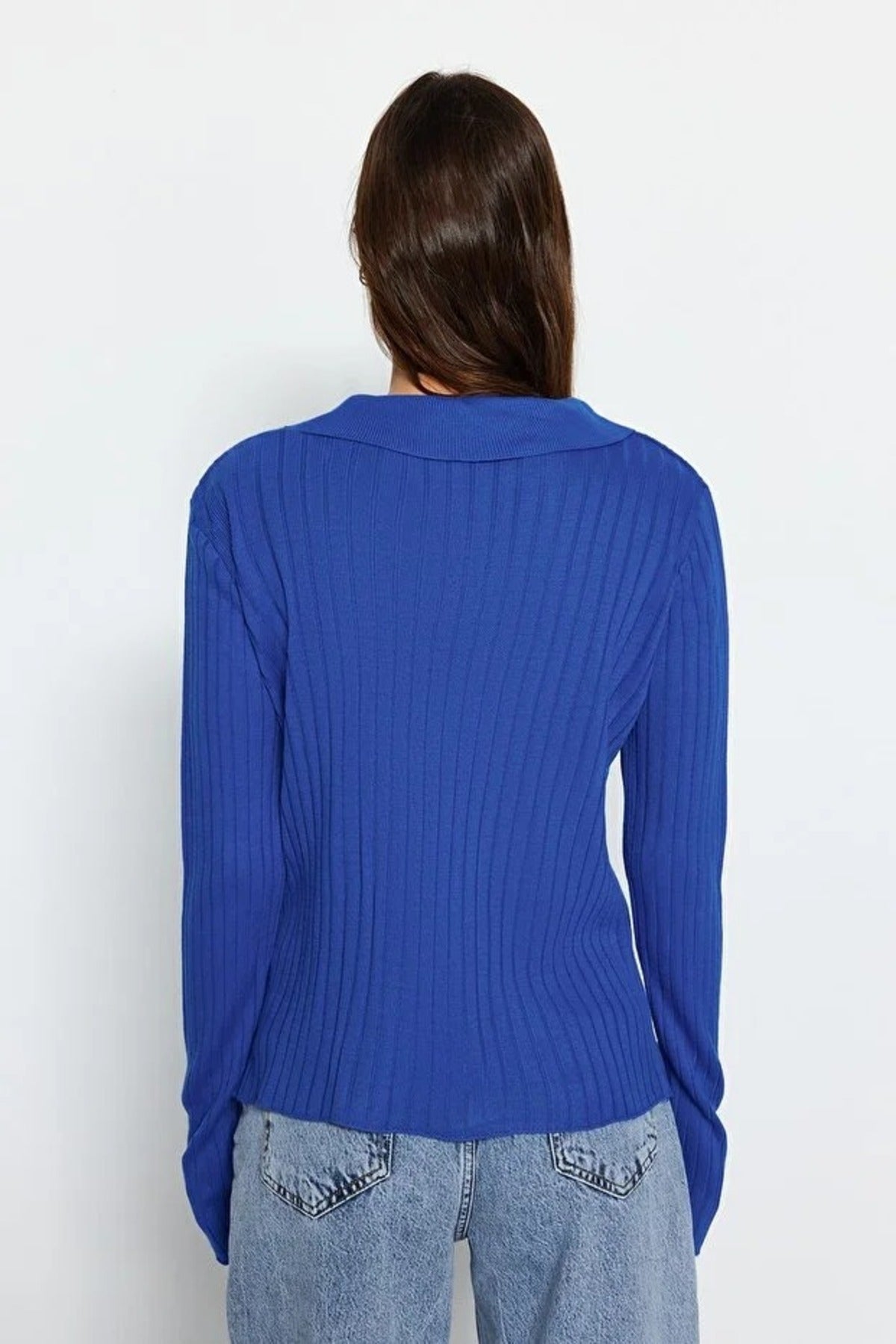 Polo Neck Knit Sweater with Finger Detail