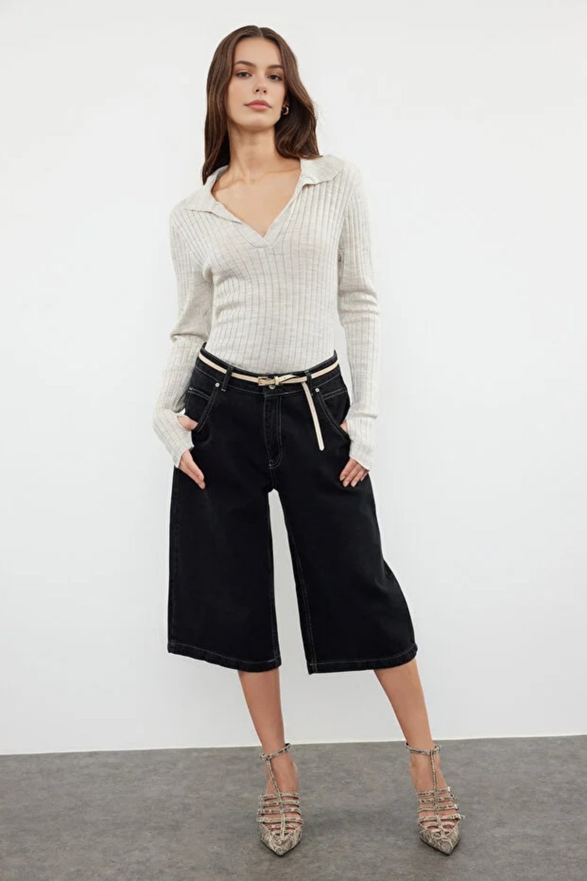 Polo Neck Knit Sweater with Finger Detail