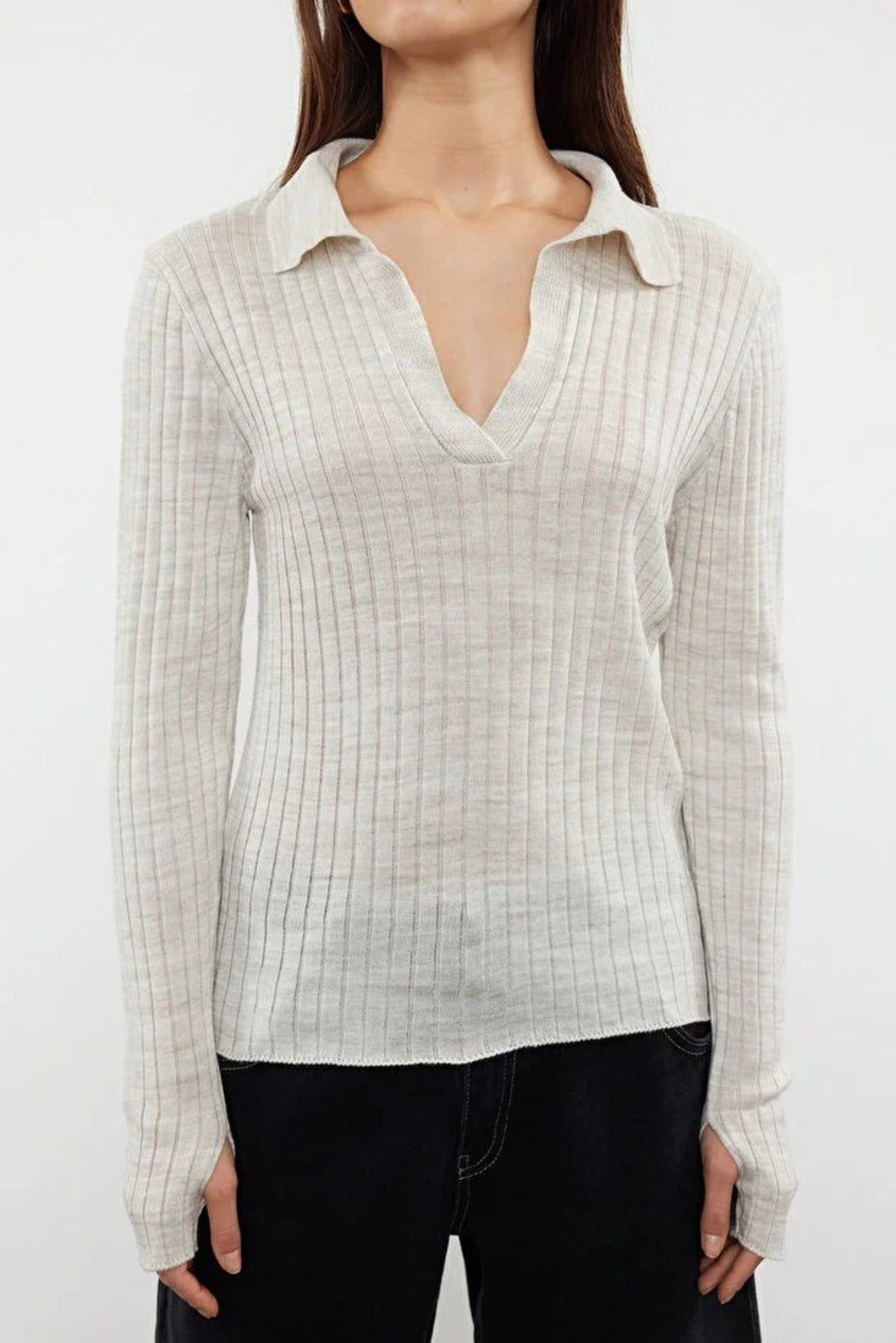 Polo Neck Knit Sweater with Finger Detail