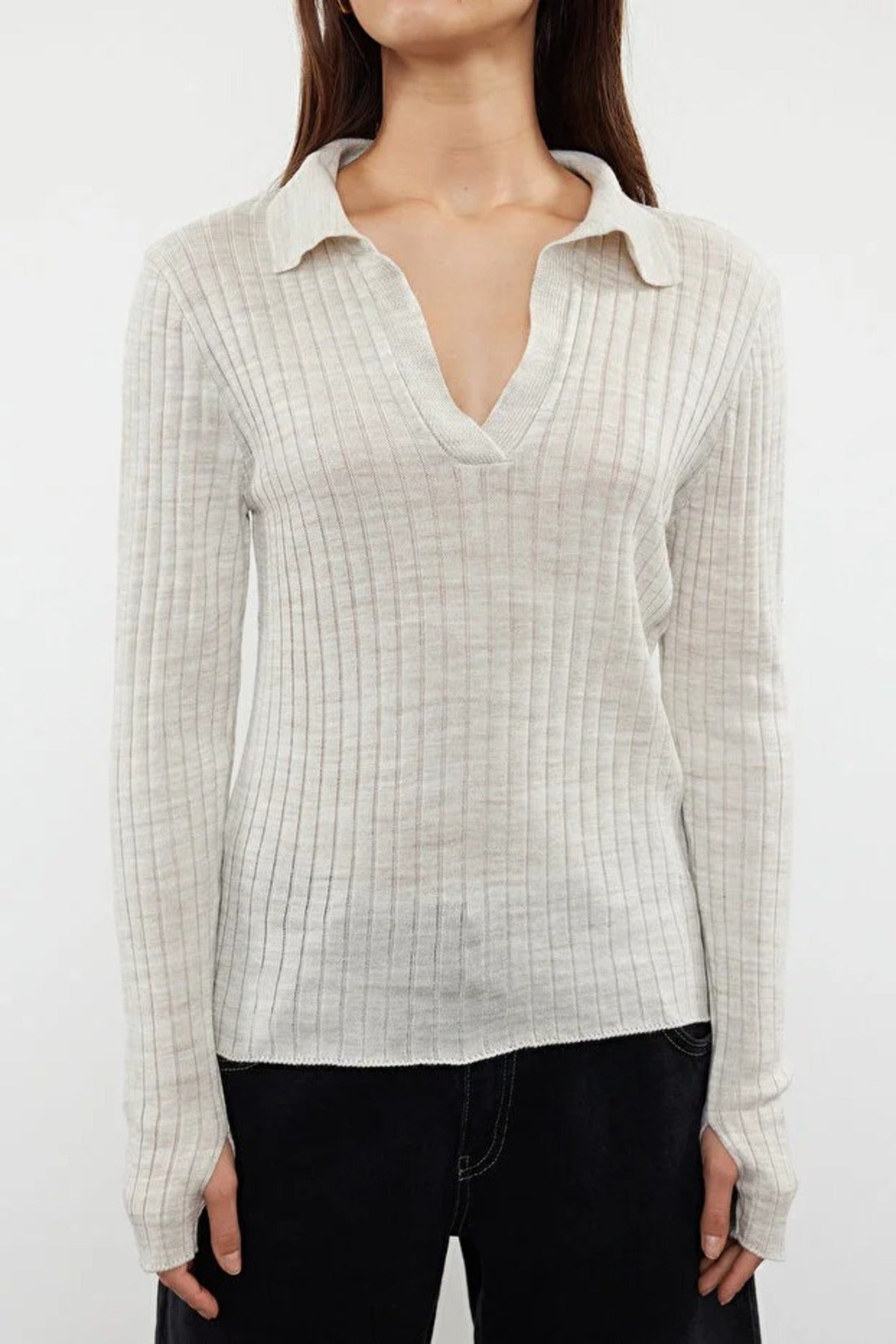 Polo Neck Knit Sweater with Finger Detail