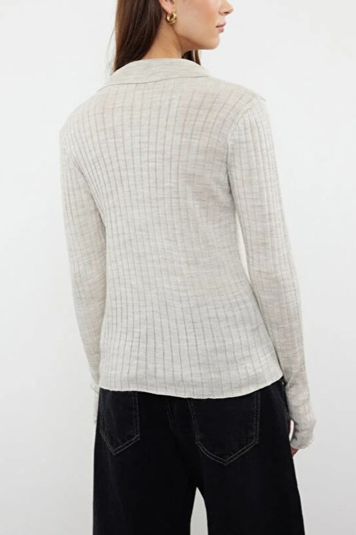 Polo Neck Knit Sweater with Finger Detail