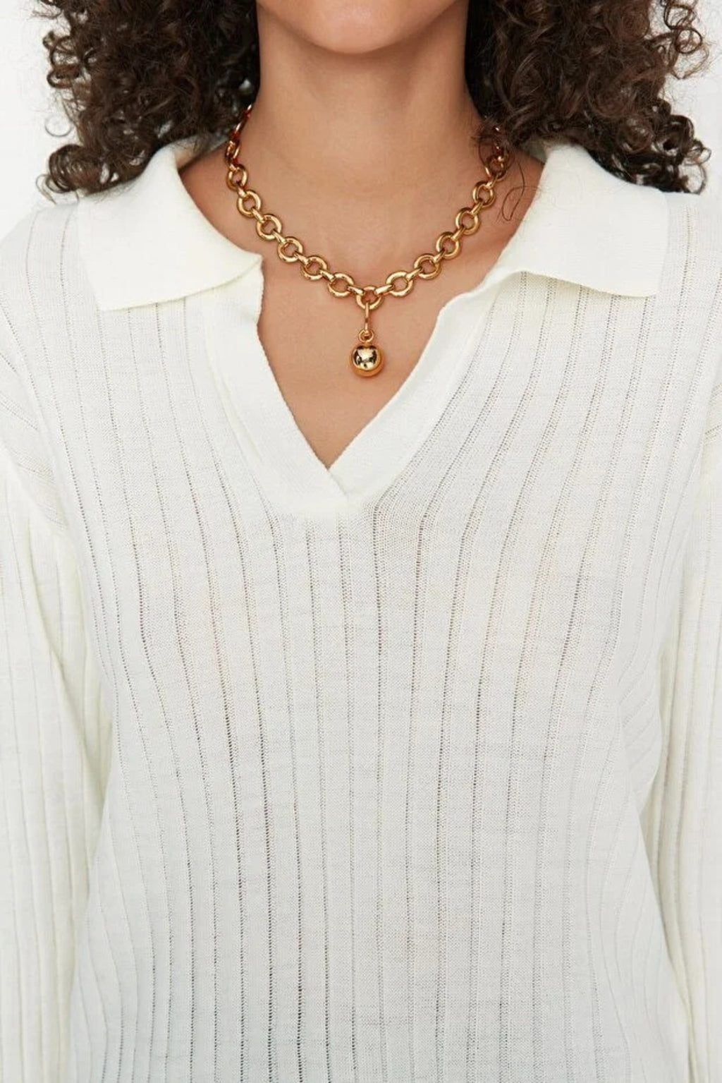 Polo Neck Knit Sweater with Finger Detail