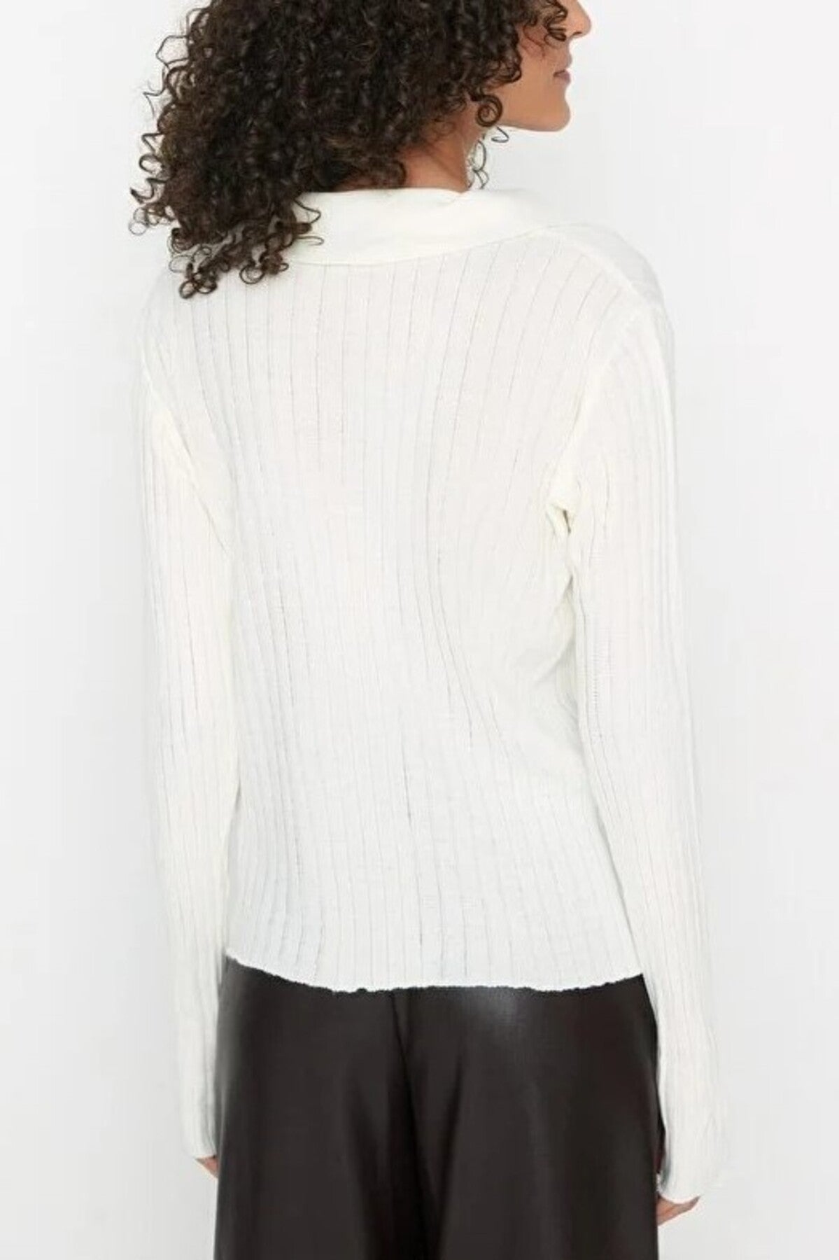 Polo Neck Knit Sweater with Finger Detail