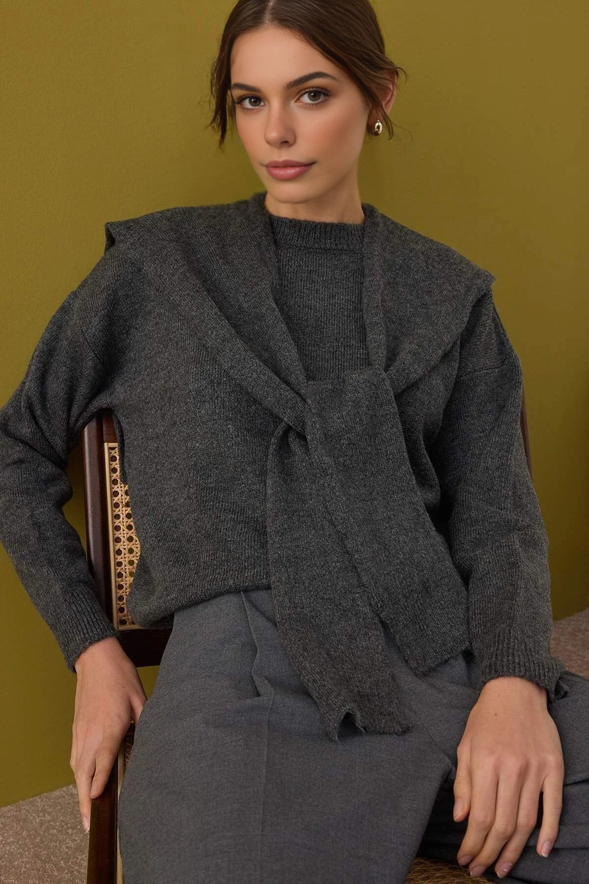 Soft Textured Knit Sweater with Shawl Detail