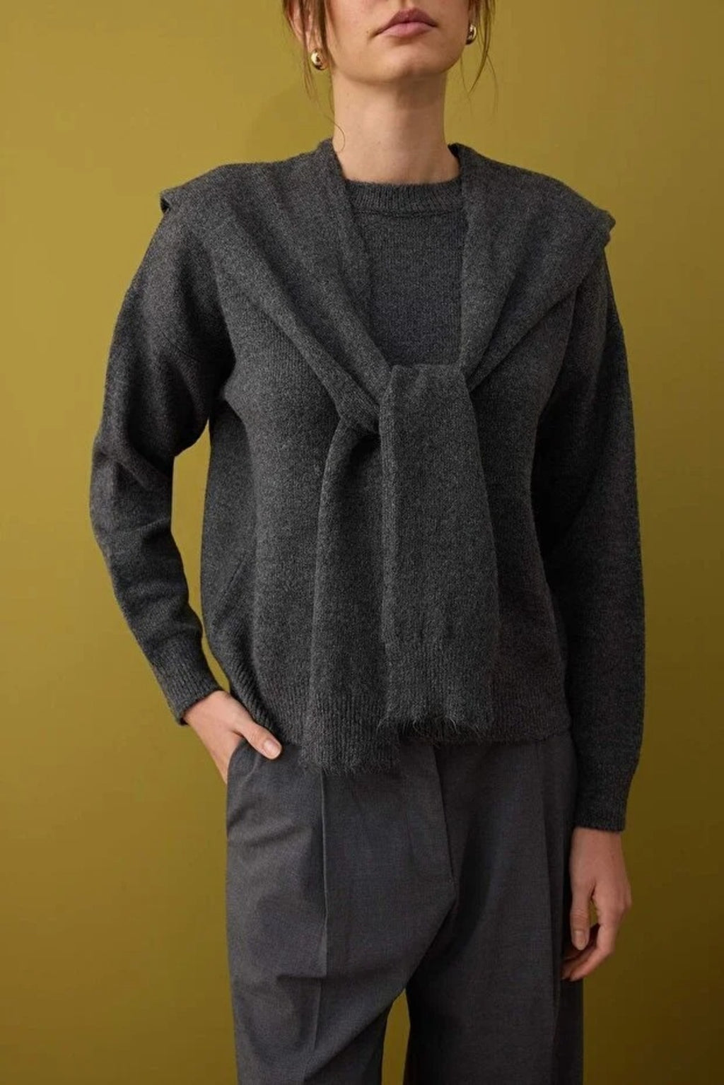 Soft Textured Knit Sweater with Shawl Detail