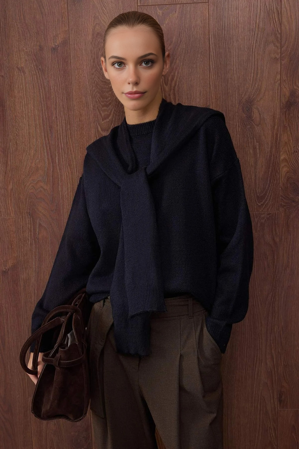 Soft Textured Knit Sweater with Shawl Detail