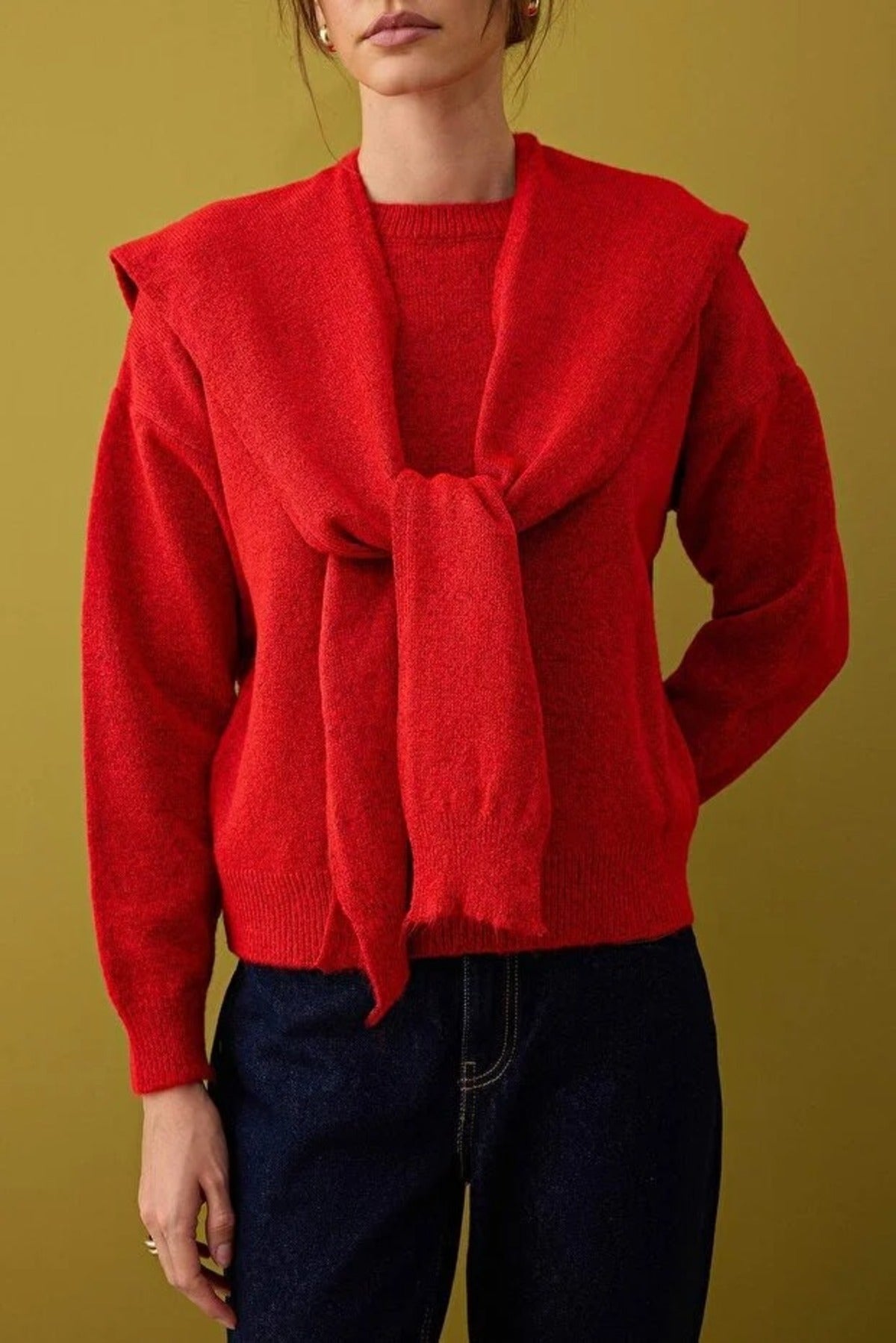 Soft Textured Knit Sweater with Shawl Detail