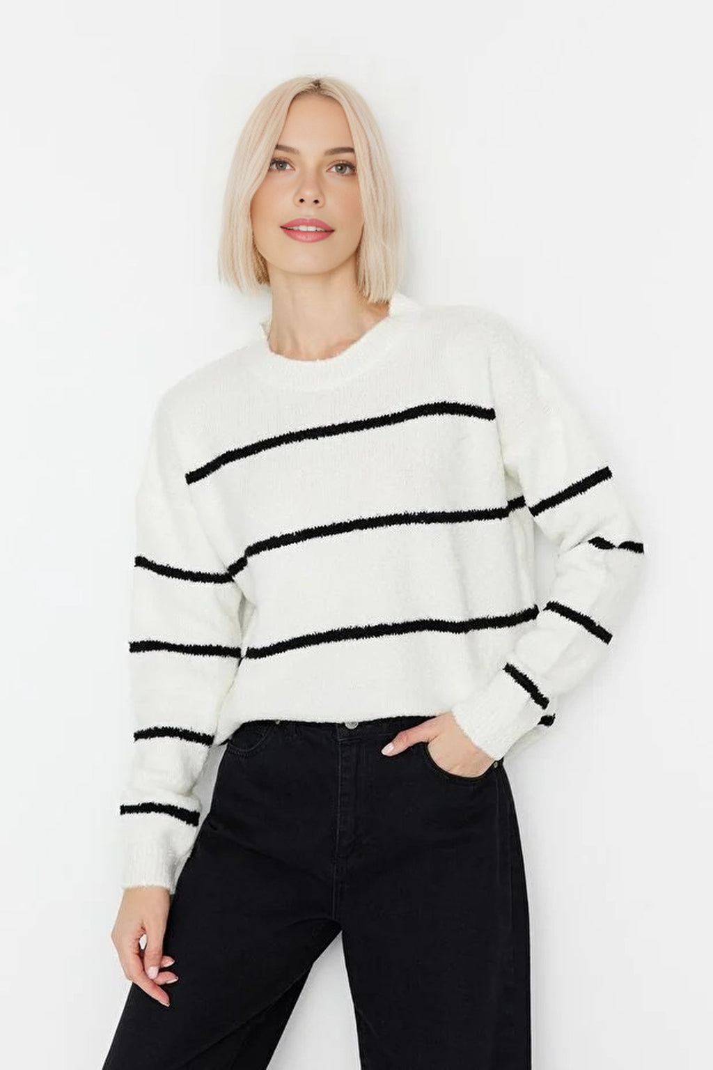 Striped Soft Textured Knit Sweater