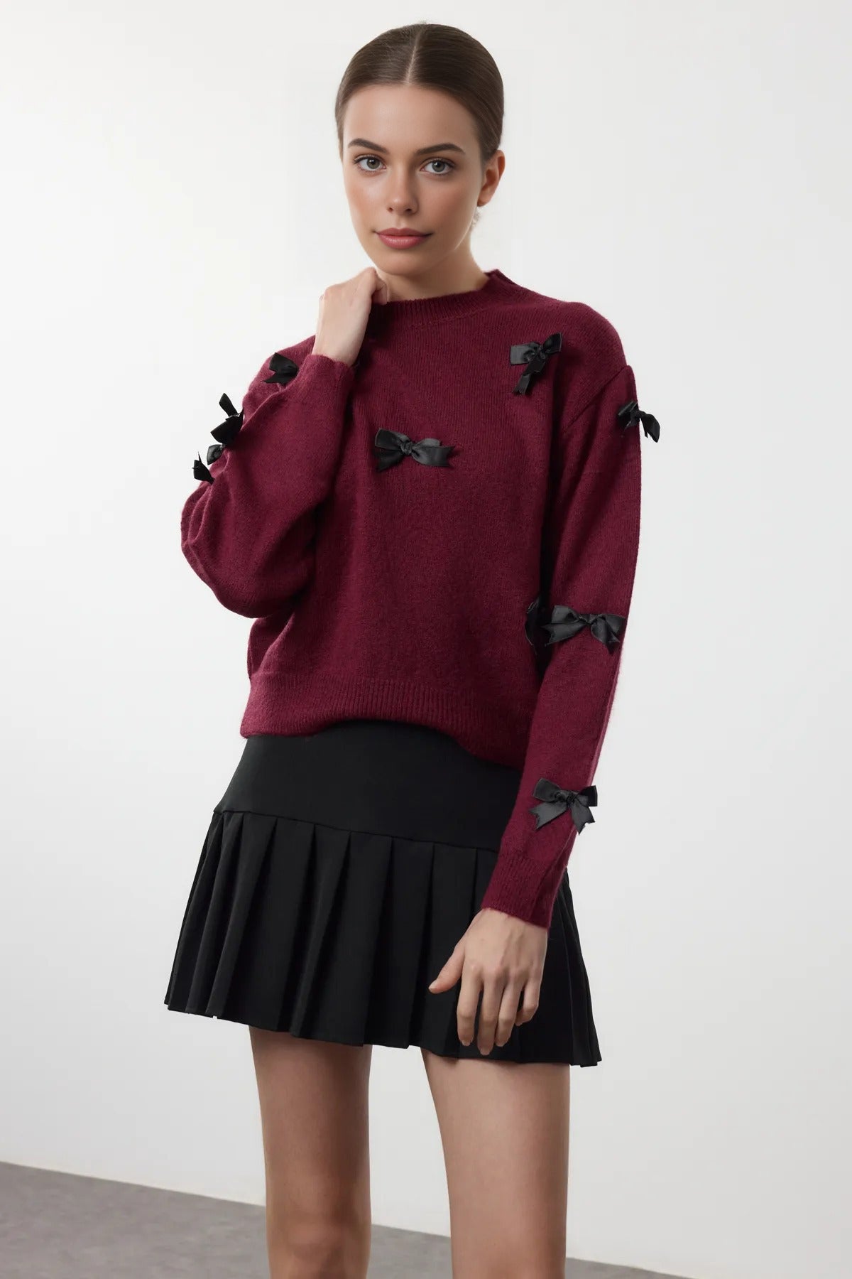Soft Textured Knit Sweater with Bow Detail