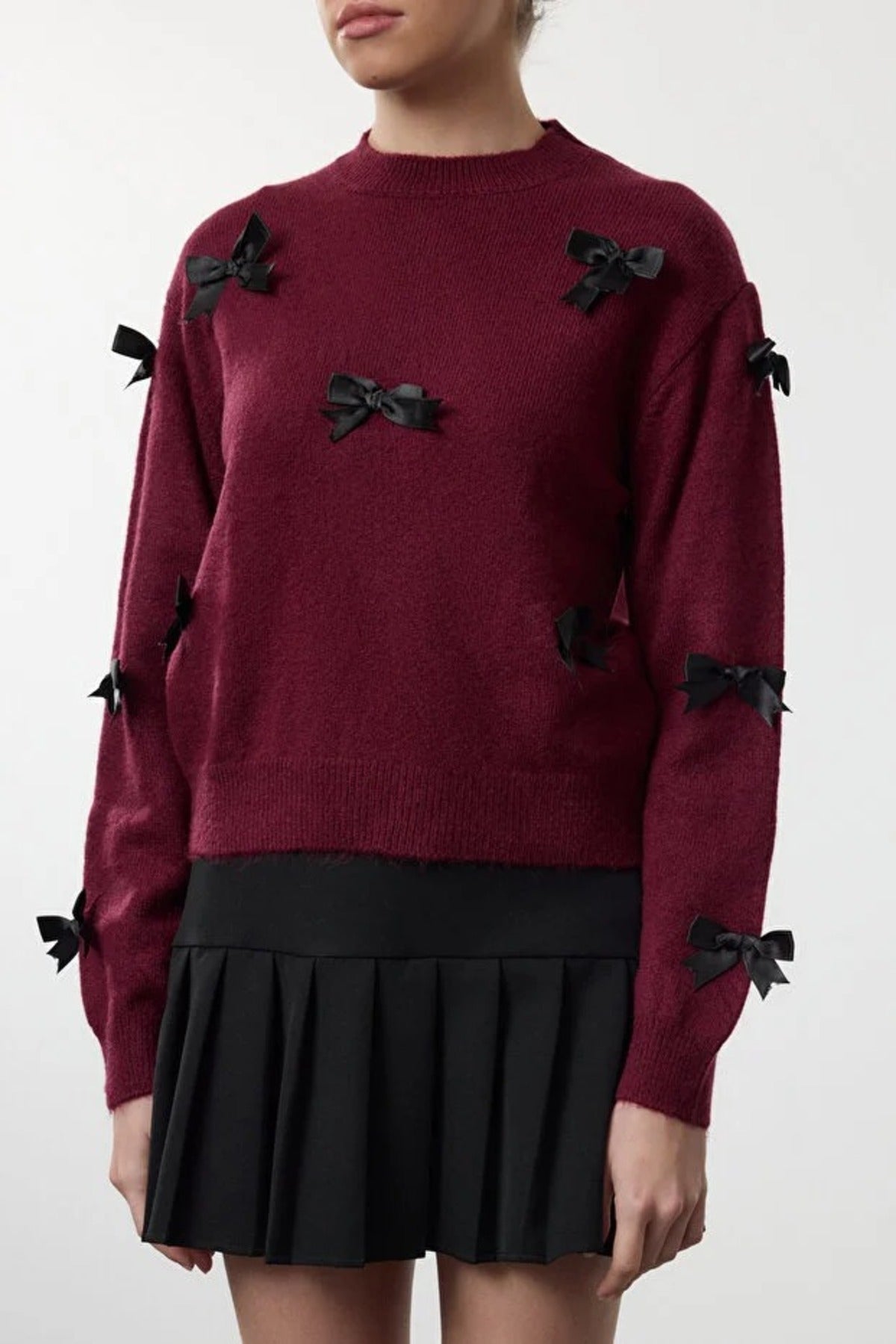 Soft Textured Knit Sweater with Bow Detail