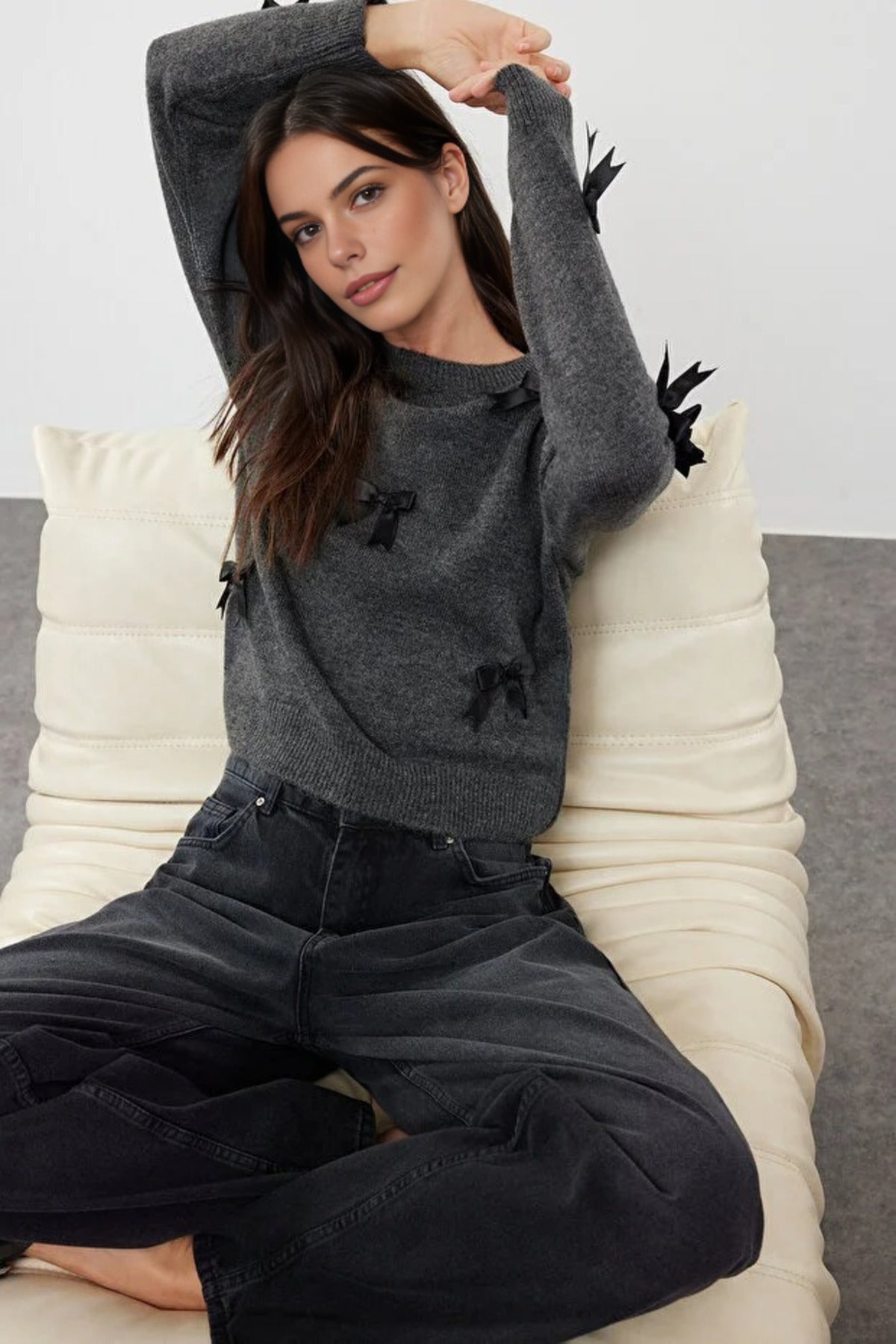 Soft Textured Knit Sweater with Bow Detail