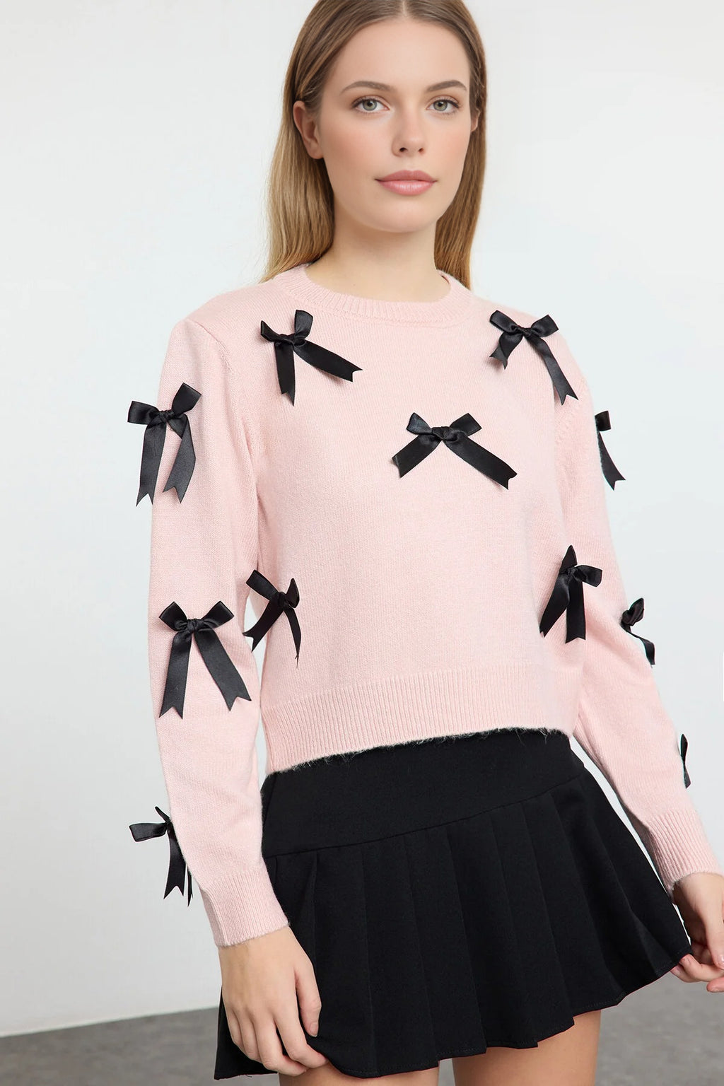Soft Textured Knit Sweater with Bow Detail