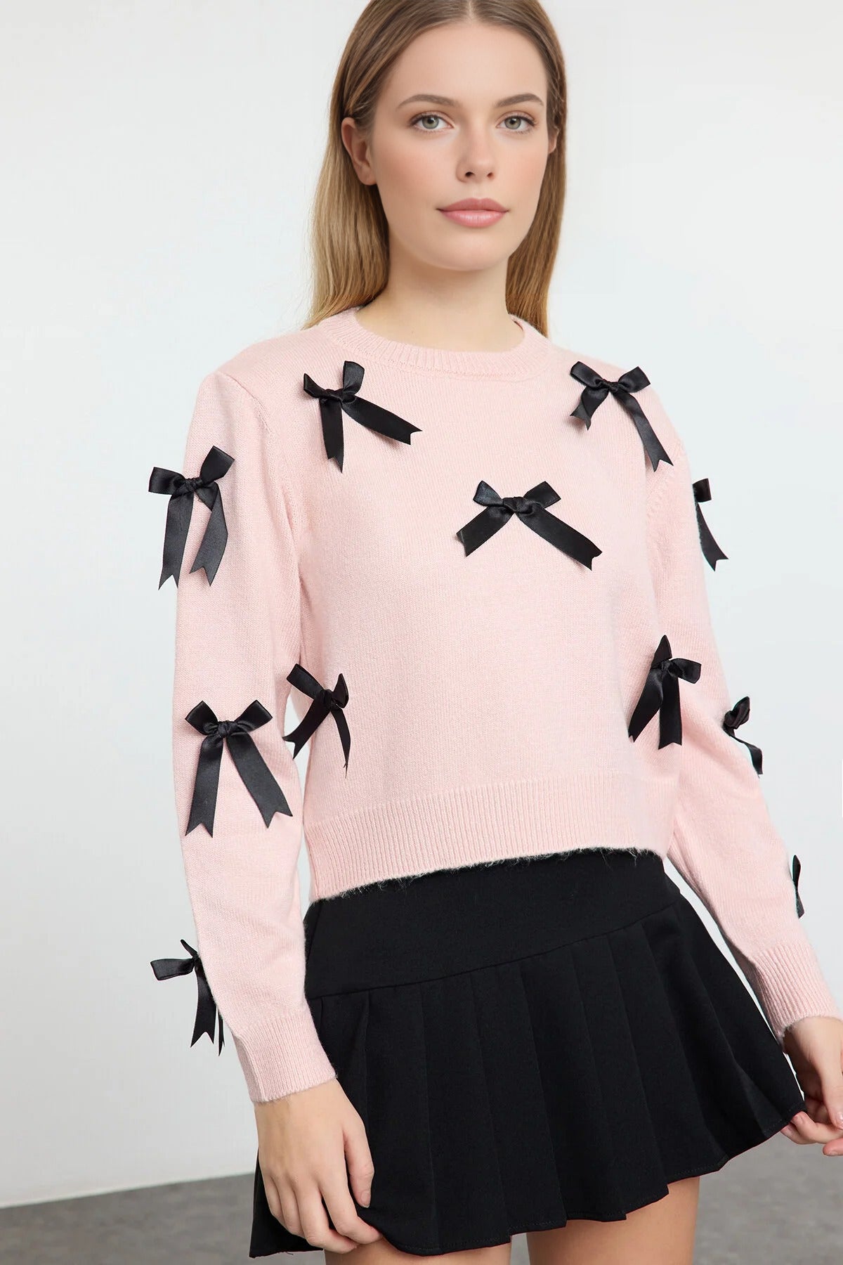 Soft Textured Knit Sweater with Bow Detail