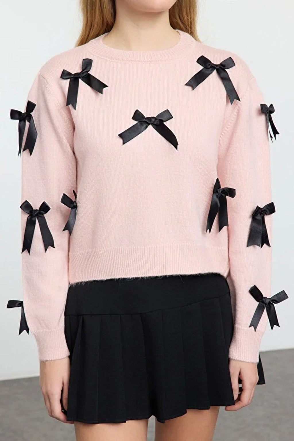 Soft Textured Knit Sweater with Bow Detail