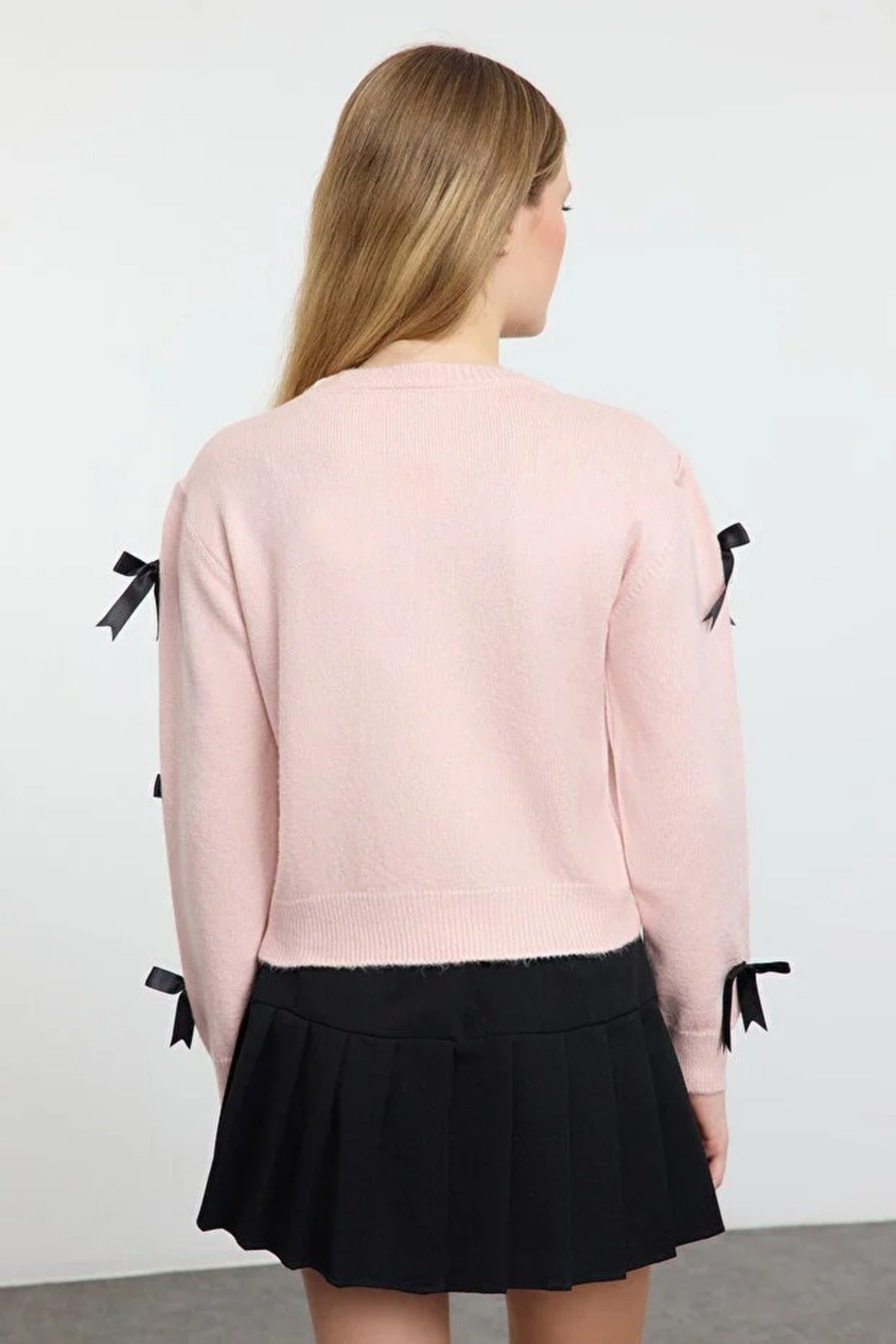 Soft Textured Knit Sweater with Bow Detail