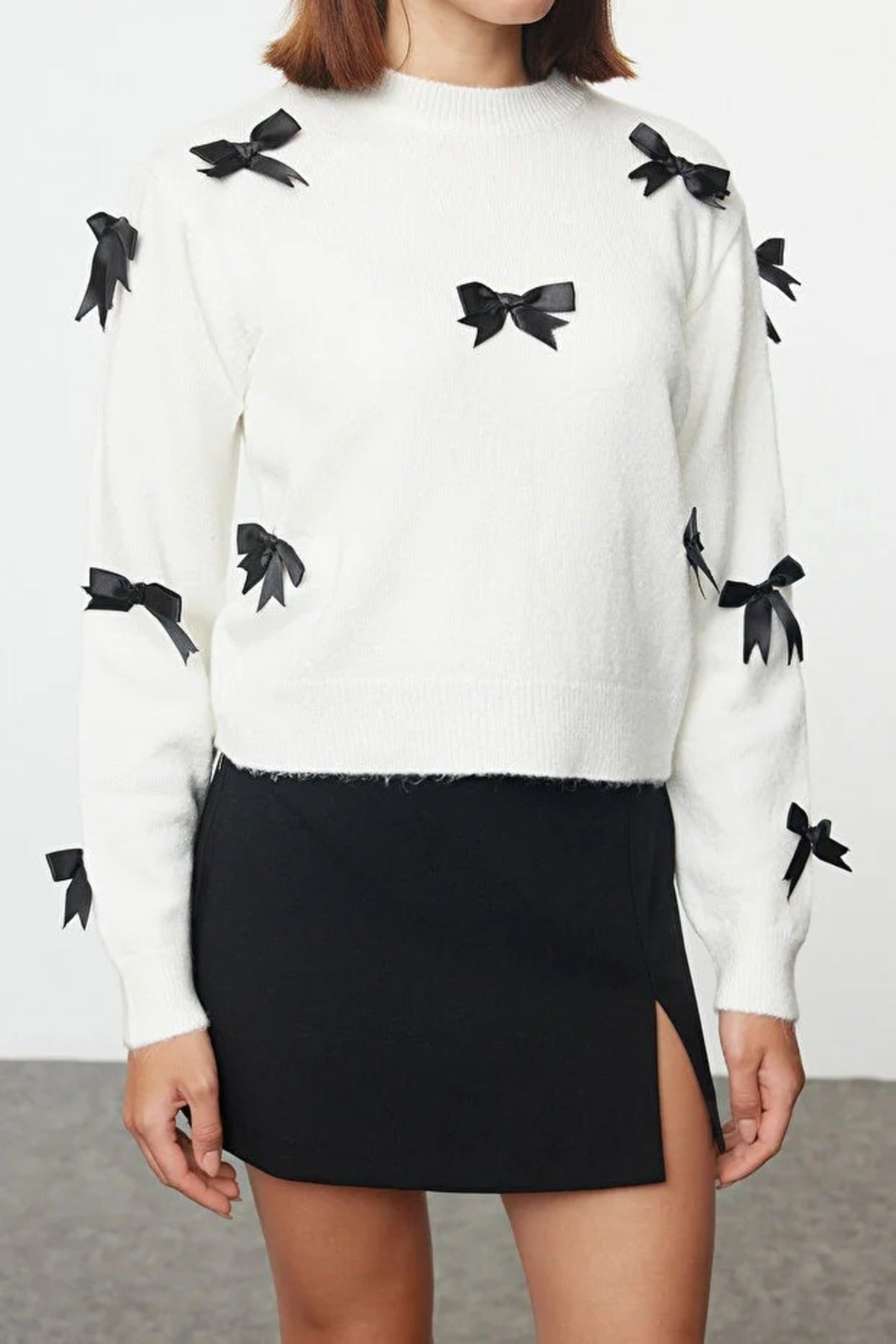 Soft Textured Knit Sweater with Bow Detail