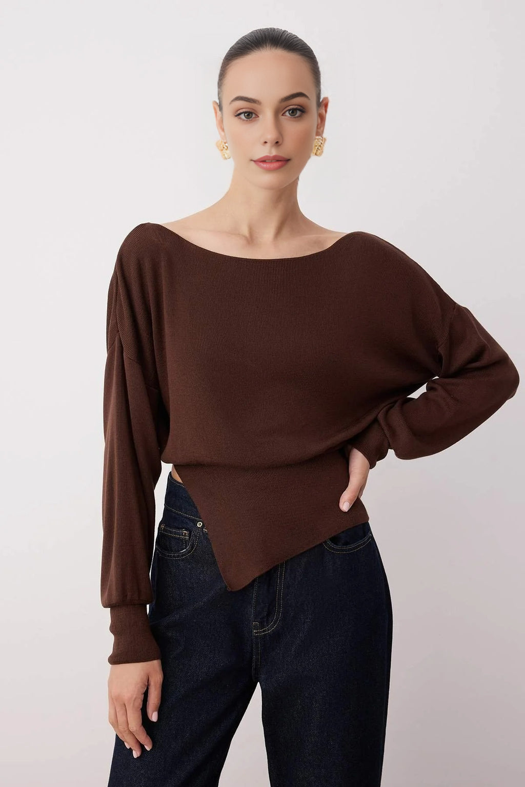 Mercerized Look Boat Neck Knit Sweater with Slit Detail