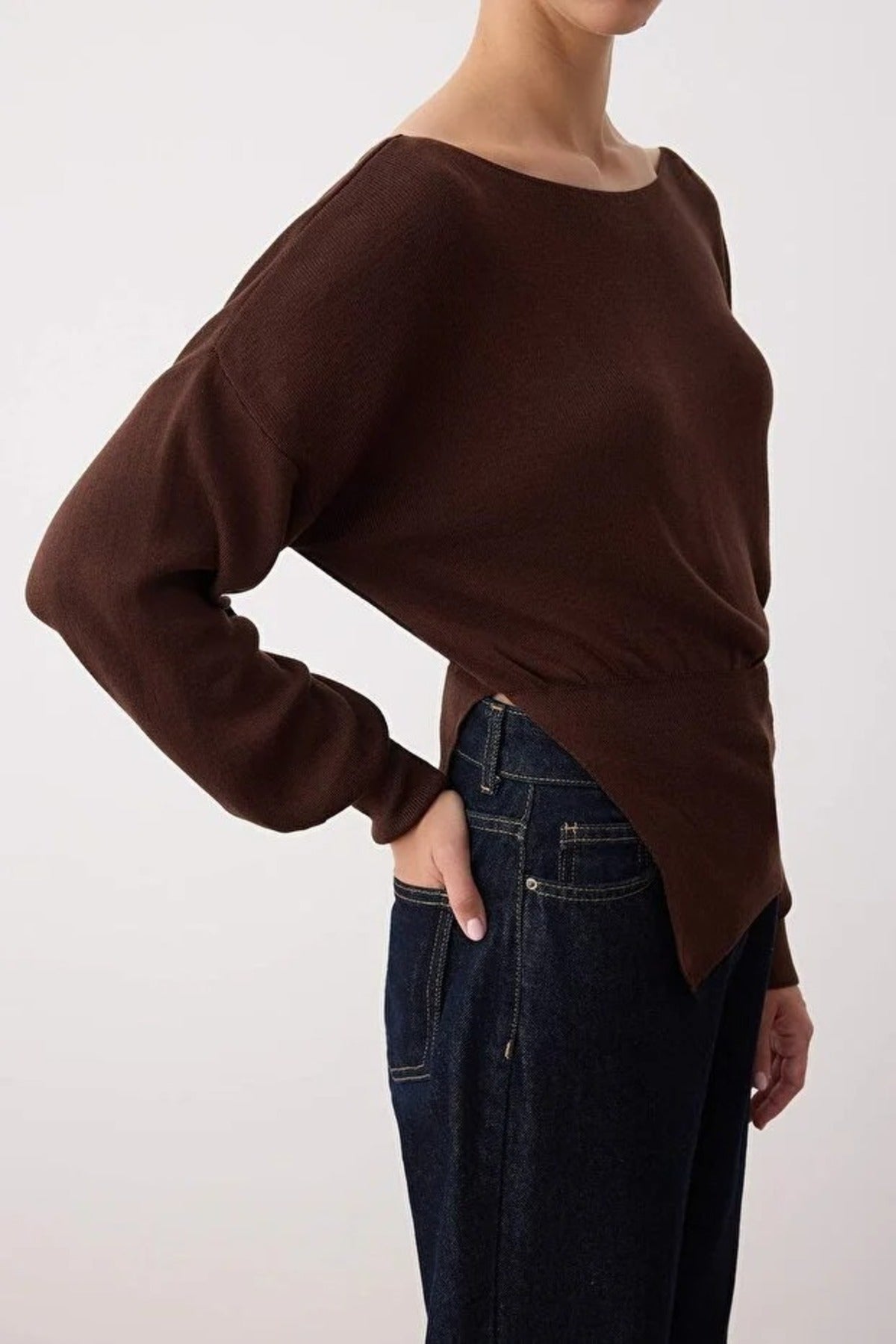 Mercerized Look Boat Neck Knit Sweater with Slit Detail